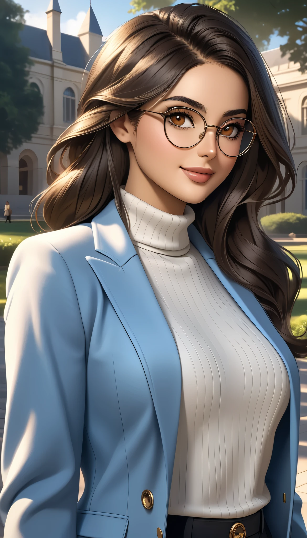accurate, ((masterpiece)), ((high details)), high quality, textured skin, A stunning Arab-featured woman with deep, expressive eyes and a subtle, knowing smile. She has long, voluminous dark brown hair cascading in luxurious waves. She wears large, round glasses that add to her intelligent and sophisticated aura. Her outfit consists of a crisp white turtleneck under a stylish light blue jacket, creating a refined and elegant look. She stands with confidence on a university campus, surrounded by grand academic buildings, lush greenery, and students walking in the background. The atmosphere is serene and intellectual, with a warm afternoon light casting a natural glow on her face. Ultra-detailed, realistic, cinematic lighting, high resolution