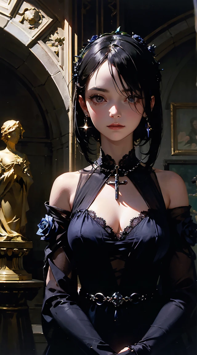 AddXL, Masterpiece, best quality, ultra detailed, extremely detailed, vibrant colour, ultra quality, focus on girl, 1girl, solo, sensual, seductive_smile, looking at viewer, sweat, INKxXmo Dark Theme, Shaded Face, keqing genshin impact, black dress, long dress, black thigs, cute female, mommy, read book, moonlight, glowneon, glowing, glowing eyes, beautiful eyes, melody, elbow gloves, in cathedral