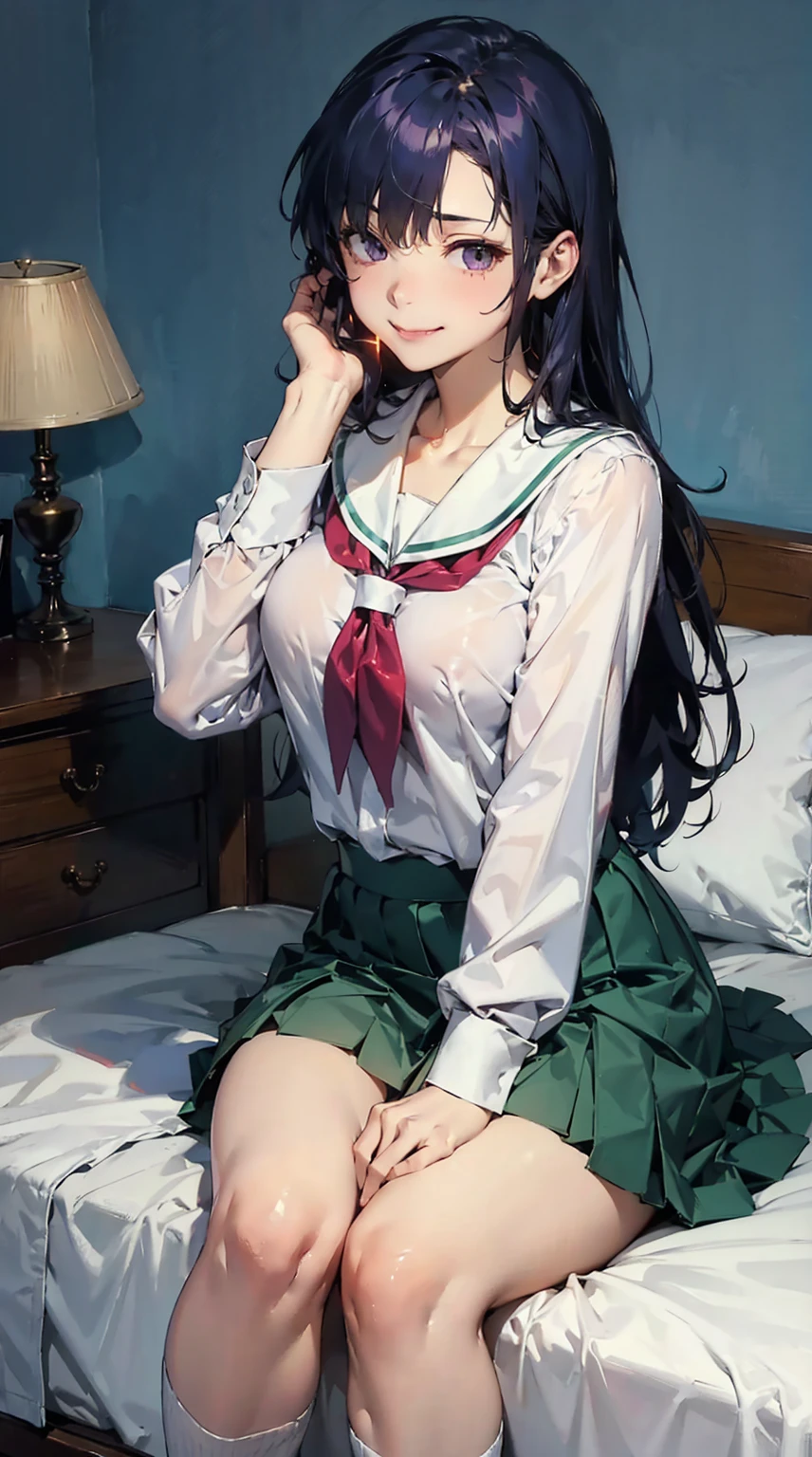 woman, sexy woman, female, mommy, black hair, red eyes, detailed eyes, detailed lips, big breasts, midriff peek, sailor uniform, sitting, bedroom, evil smile, seductive lips, looking back, low angle view, (best quality, 4k, 8k, highres, masterpiece:1.2), ultra-detailed, (realistic, photorealistic, photo-realistic:1.37), HDR, UHD, studio lighting, ultra-fine painting, sharp focus, physically-based rendering, extreme detail description, professional, vivid colors, bokeh, dark fantasy, cinematic lighting, crop top overhang, adjusting hair, pony tail, skirt