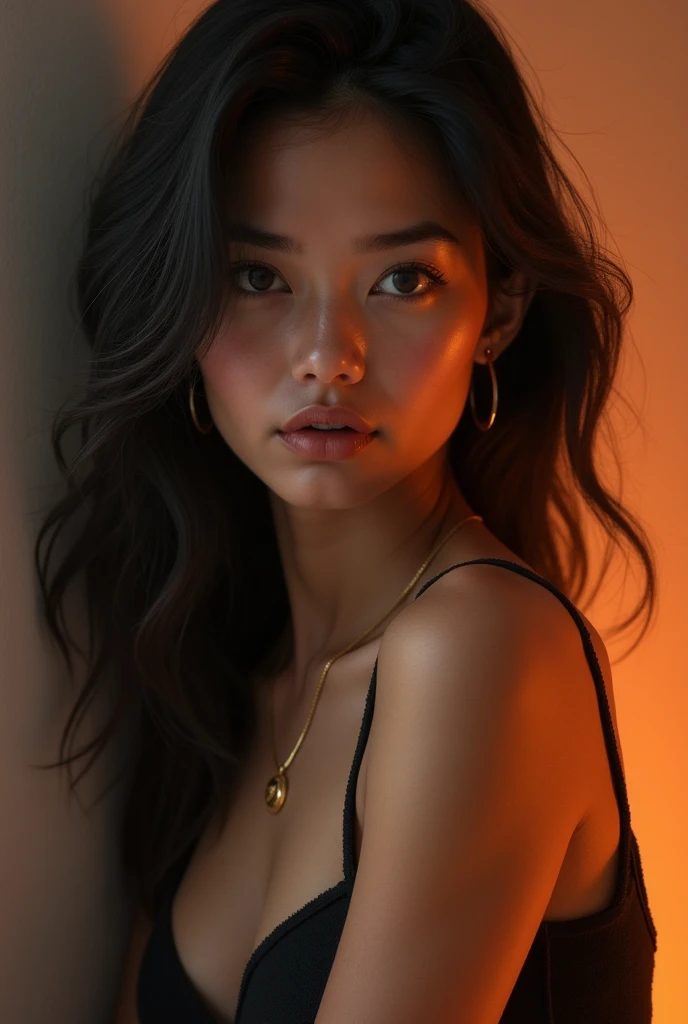 Asian young girl, straight hair, hair to chest, brown hair, brown eyes, masterpiece, best quality, high, attractive, masterpiece, wearing body dress showing cleavage, smiling, tanned, model, beautiful, beige bedroom backfround, cheek smile marks, tilting head, Taiwanese, only showing upper body and face from front, moody lighting, cute smile lines, glossy lips,((thick attractive lips)), dark room, dark tan skin, ready to go to party,  dress, earrings, young girl, cleavage, (slim body)