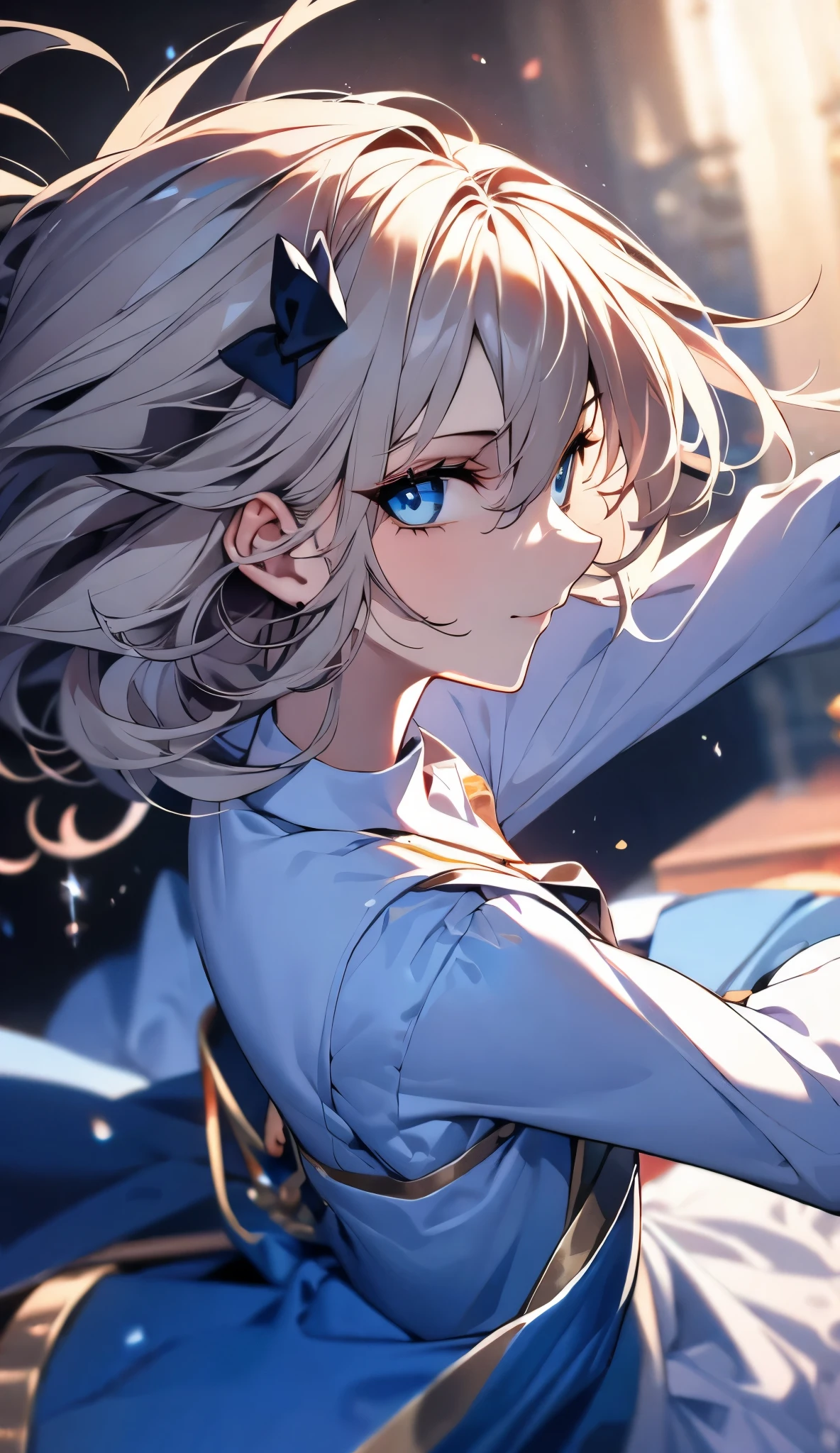 (extremely delicate and beautiful:1.2), 1girl sereia, fashi-girl, bangs, blue eyes, blurry, blurry background, em baixo dagua, dentro do mar, light hair, closed mouth, sorriso de lado, from side, hair between eyes, hair bow, light particles adentradndo o mar, long sleeves, looking at viewer, medium hair, night, ((((cores em tom branco e preto, onde apenas os olhos são de cor diferente)))), solo, star \(symbol\), full body