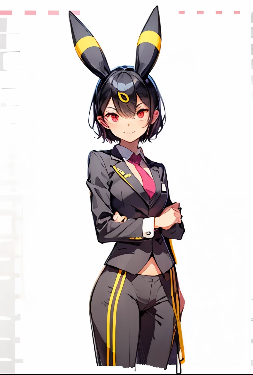 A girl with red eyes, Umbreon ears with a horizontal yellow stripe in the middle, jet-black hair with pixie cut and seductive smile , wearing a black business suit , White shirt, black pants, black jacket and pastel pink tie , Everything fits the body and highlights its curves. She has a flat chest, Small hips and small waist , but a well-trained butt .