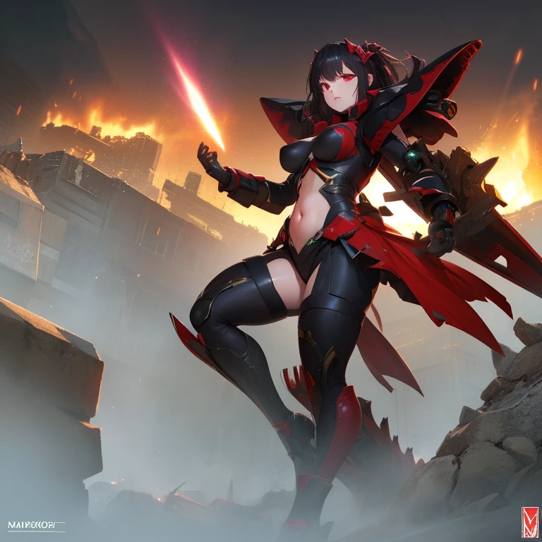 Ryuko matoi from kill la kill almost naked wirh skimpy revealing cloth pieces and red sharp straps, big boobs, pussy, tits, hentai action pose