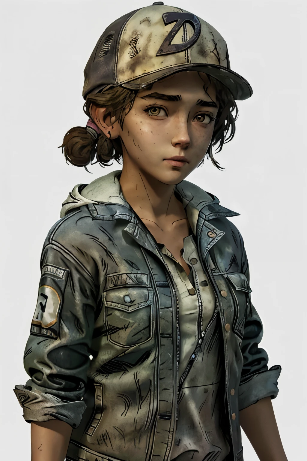 (masterpiece, best quality)
1girl, ClemTWD, solo, jacket, brown hair, hat, brown eyes, freckles, dirty, looking at viewer, shirt, full body shot, short hair, gloves, baseball cap, the walking dead game style, blank white background