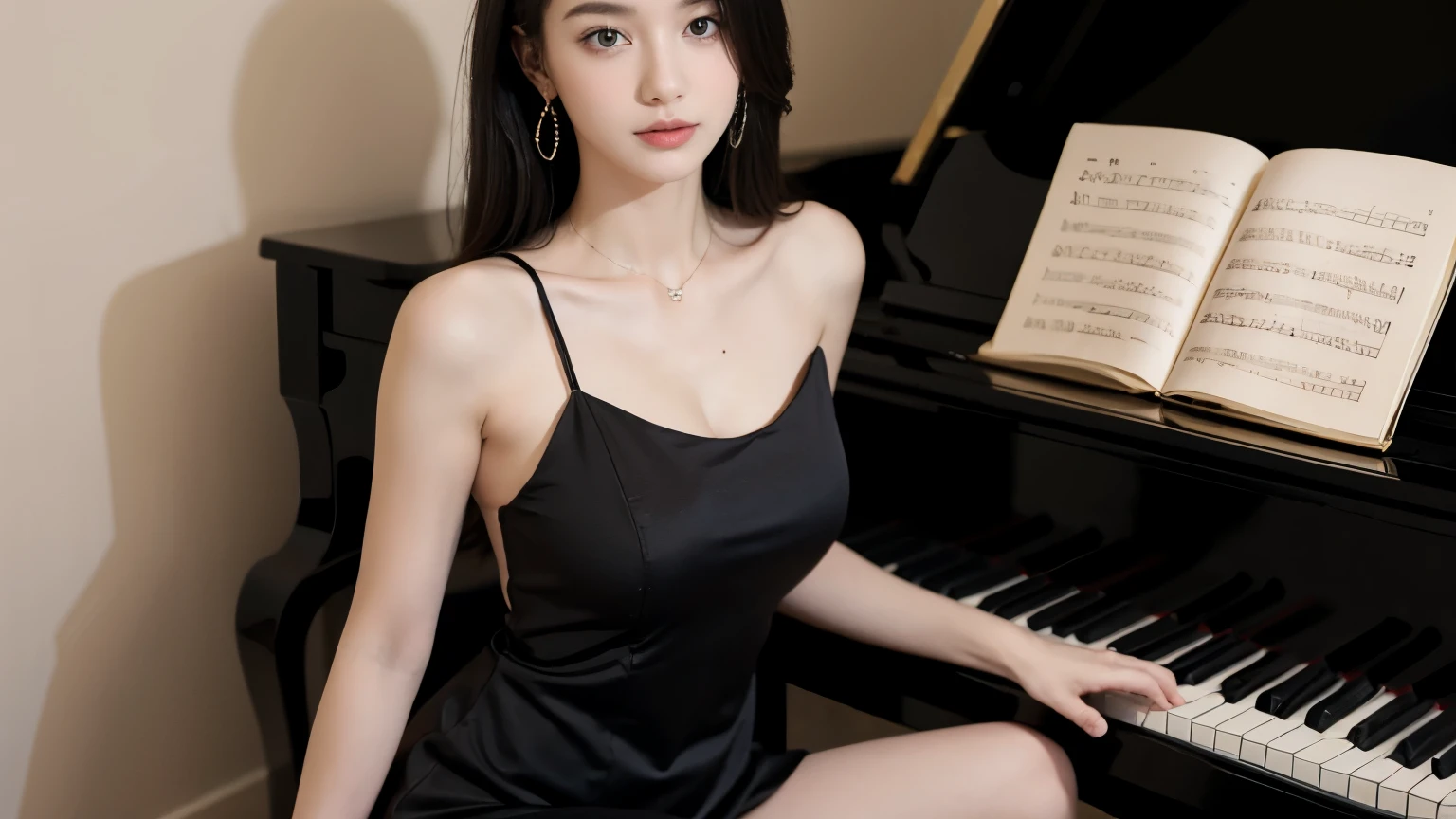 Girl sitting playing piano, bare shoulders, beautiful breasts,
