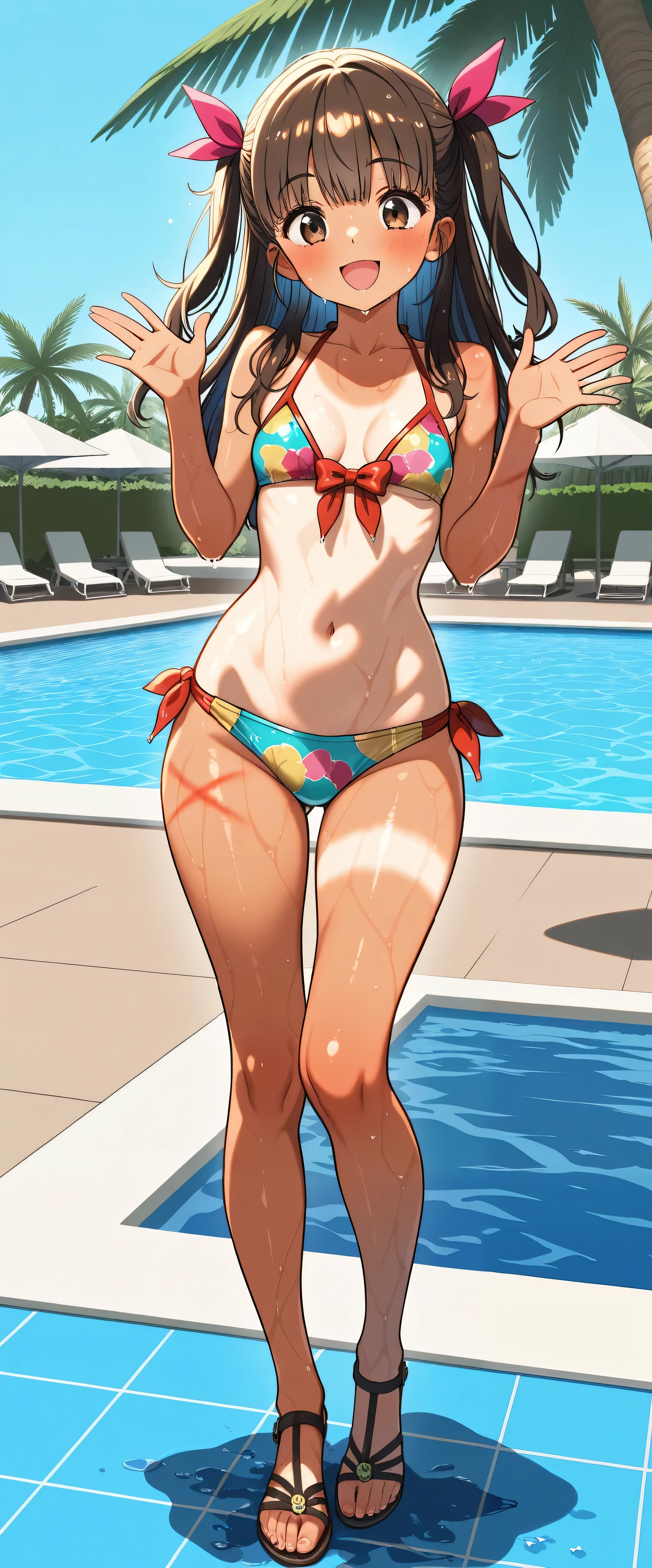 (Masterpiece), top quality, , Perfect face, 1 girl,dawn,, small breasts, wide hips, thin waist, (), Multi Colored Bikinis , sexy bikini , With ribbon,Patterned Swimsuit , salon, Heeled Sandals, good_feet, blanking,smile,Swimsuit model, standing, feetを開いて, wet, wet body, was excited,I'm posing for the camera, beach resort , pool party , poolside, coming out of the pool , palm trees, cowboy shooting, sunburn marks