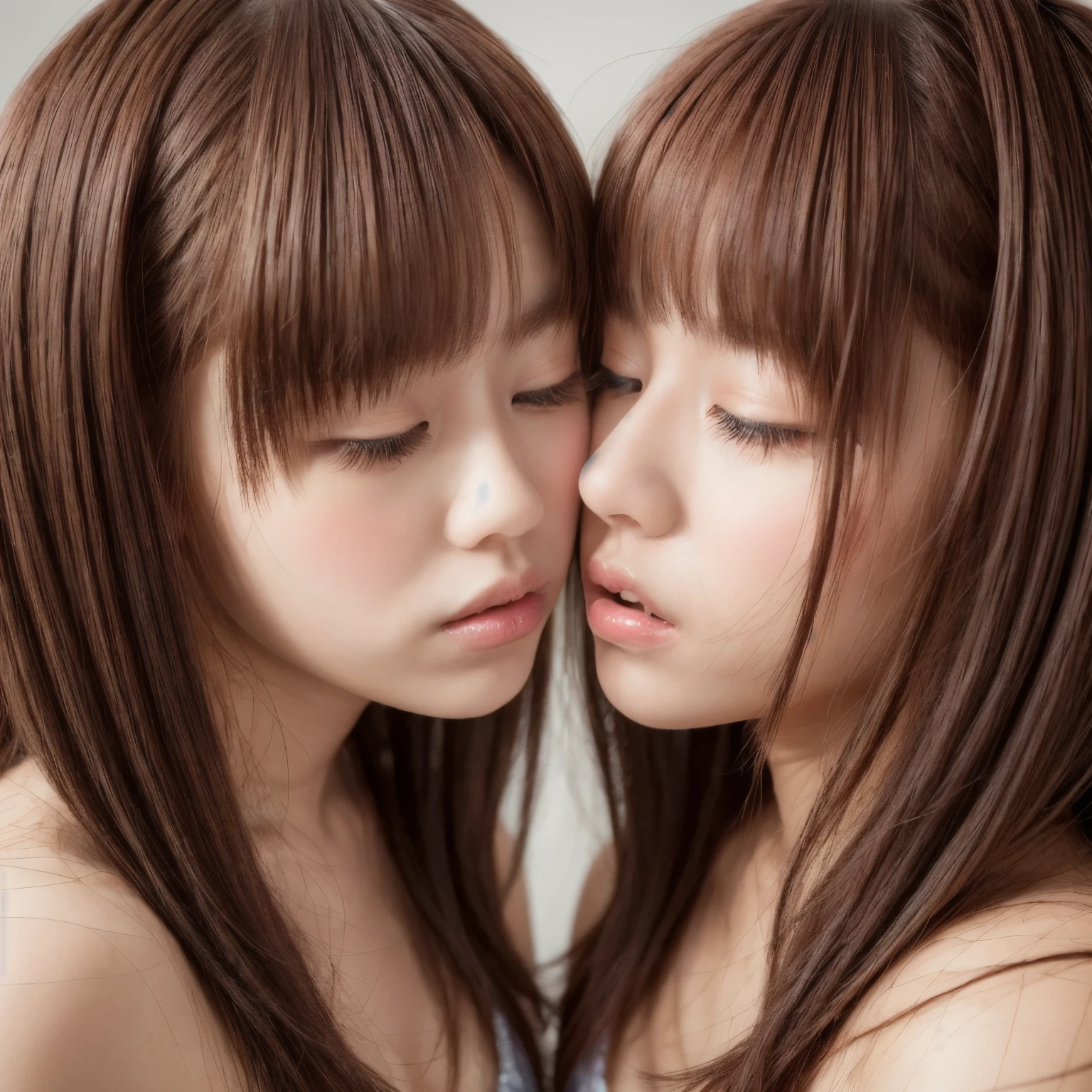 Identical twin sisters kissing、Highest quality, masterpiece, Ultra-high resolution, (Realistic: 1.4), RAW Photos, 1 Girl, Black Hair, Shiny skin, Beautiful Eyes, Dramatic lighting, Captivating performance, Long bangs, Cleanliness,