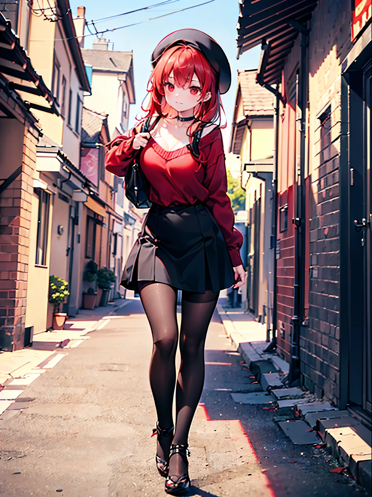Realistic,highest quality, Ultra Detail, High-quality CG rendering, The most delicate and beautiful, Floating softly, High resolution, (1 girl), (Highest quality,4K,8K,masterpiece:1.2),(All red hair:1.5), (Medium Hair:1.5),(Red eyes:1.5), (Black leather jacket:1.3)、(Black Skirt:1.3),(Black boots:1.3)、pierced left ear,In the city,old buildings,(Turn your back to your audience:1.3),Ass