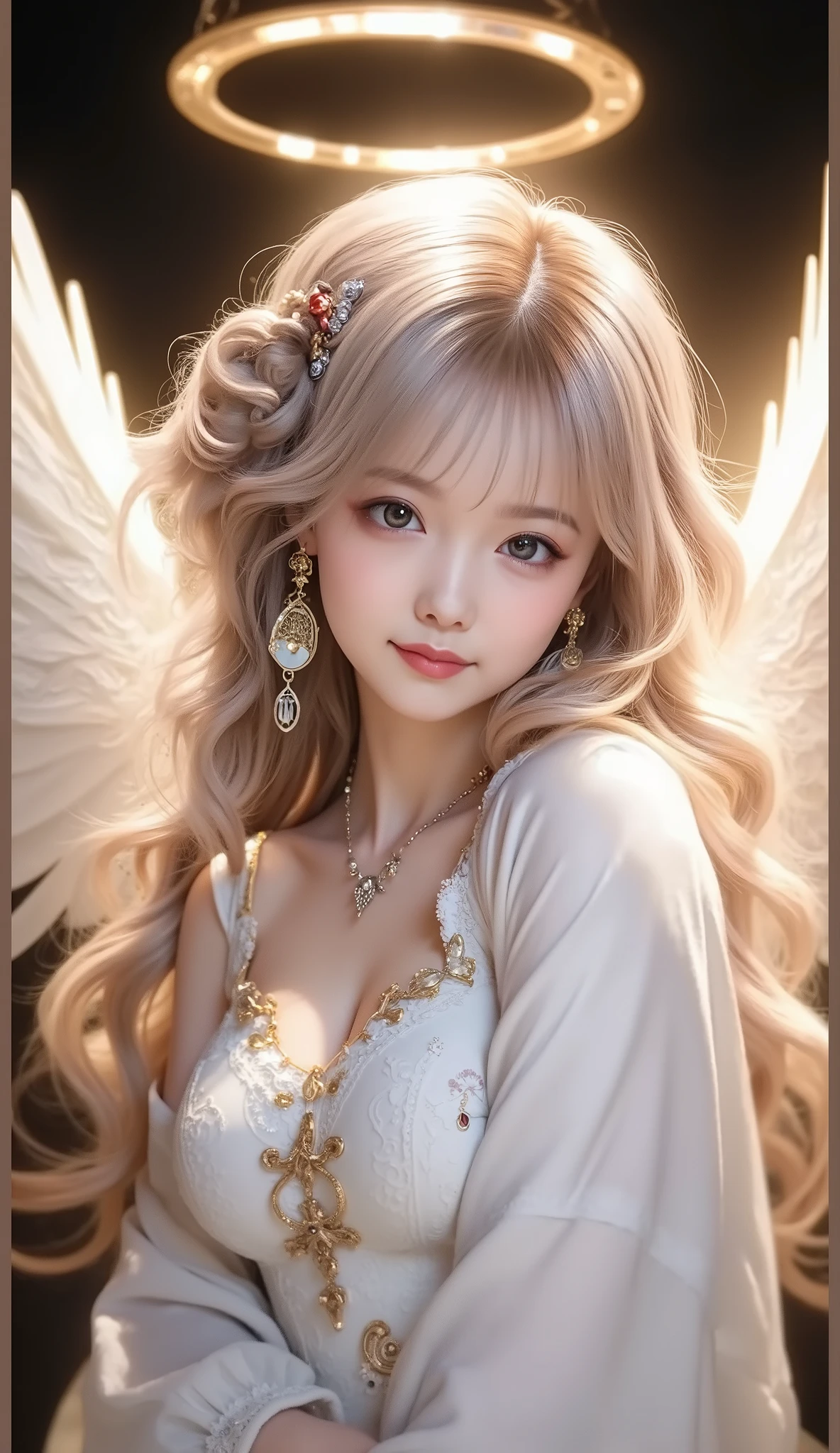 (Angel wings、😇、a smile、😌🥰Archaic Smile).hyper realstic、Ultra-realistic、Depiction of the human body without distortion、Monna Lisa、Woman in the Arms、Near and far law、Three-dimensional、Contemporary painting、moderno、world masterpiece、collection、Homage to the art or artist work of Picasso and Renoir, Not sentimental、Excellent portrayal、Gentle expression、More detailed character faces, Serious competition、Compositions like paintings、(Konmutsuki_Gacha_Series 1, punk_rosette), Realistic、Delicate brushwork、aqua color flowers, (Full body, elegant flowers background)