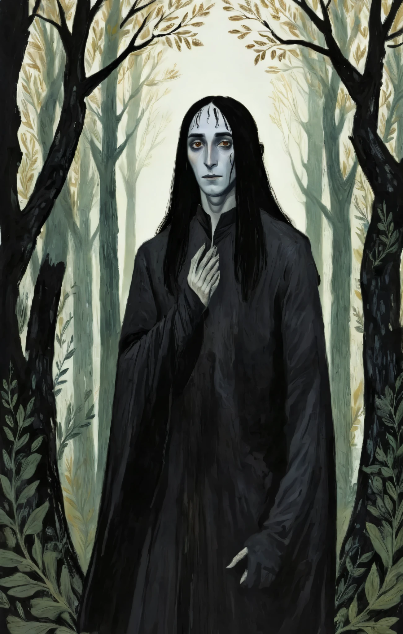 2D ART, hyper detailed gouache painting, illustration, gougoupaintleaves style, portrait of a man, 1boy, solo, long hair, male_drow:1.5, dark elf, black eyes, detailed face, handsome features, tonned, lean body, wearing vibrand black clothing, detailed hands, pointy ears, standing in a dark forest, full_body_portrait, very detailed expressive face