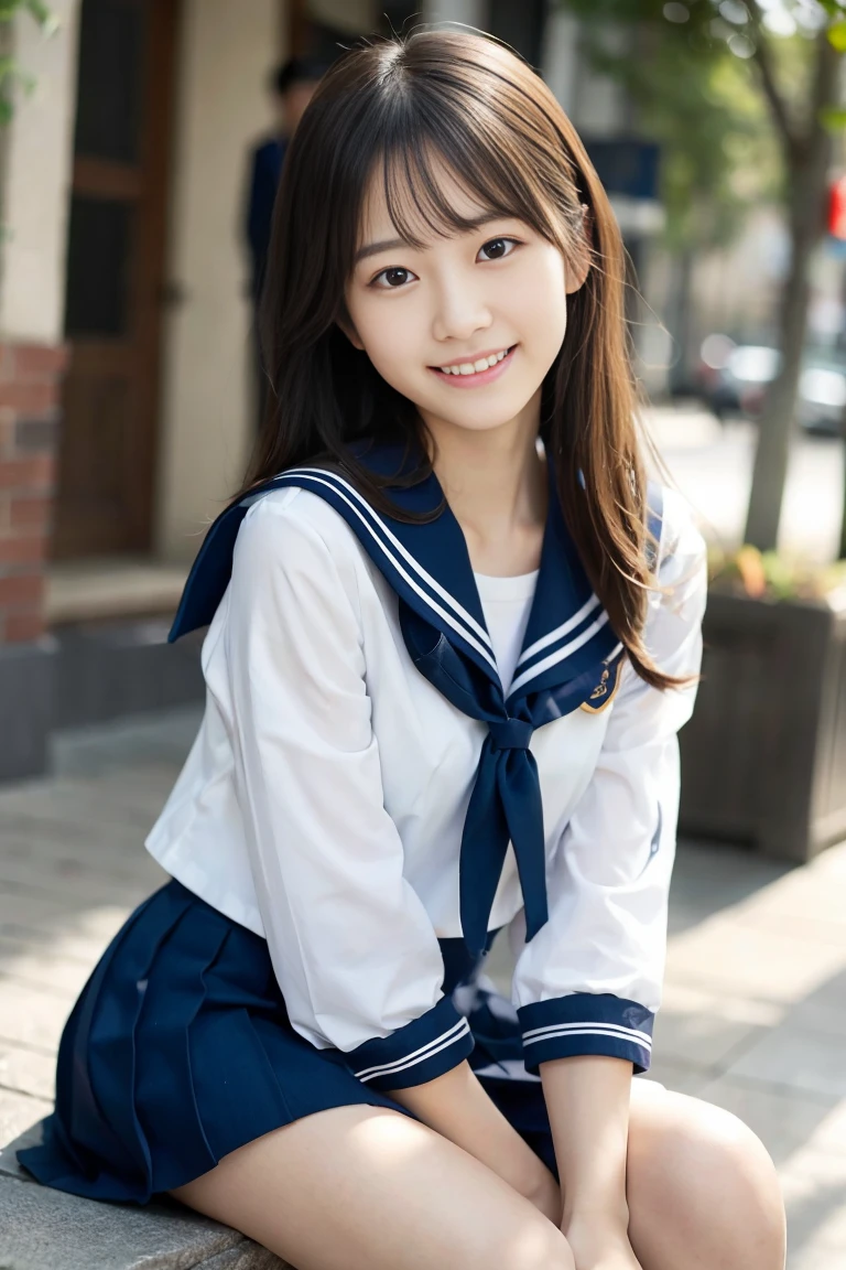 sailor suit、sit on a chair、classroom、smile、black hair、(beautiful bust)、distinct、((full body photo))、beautiful face、
