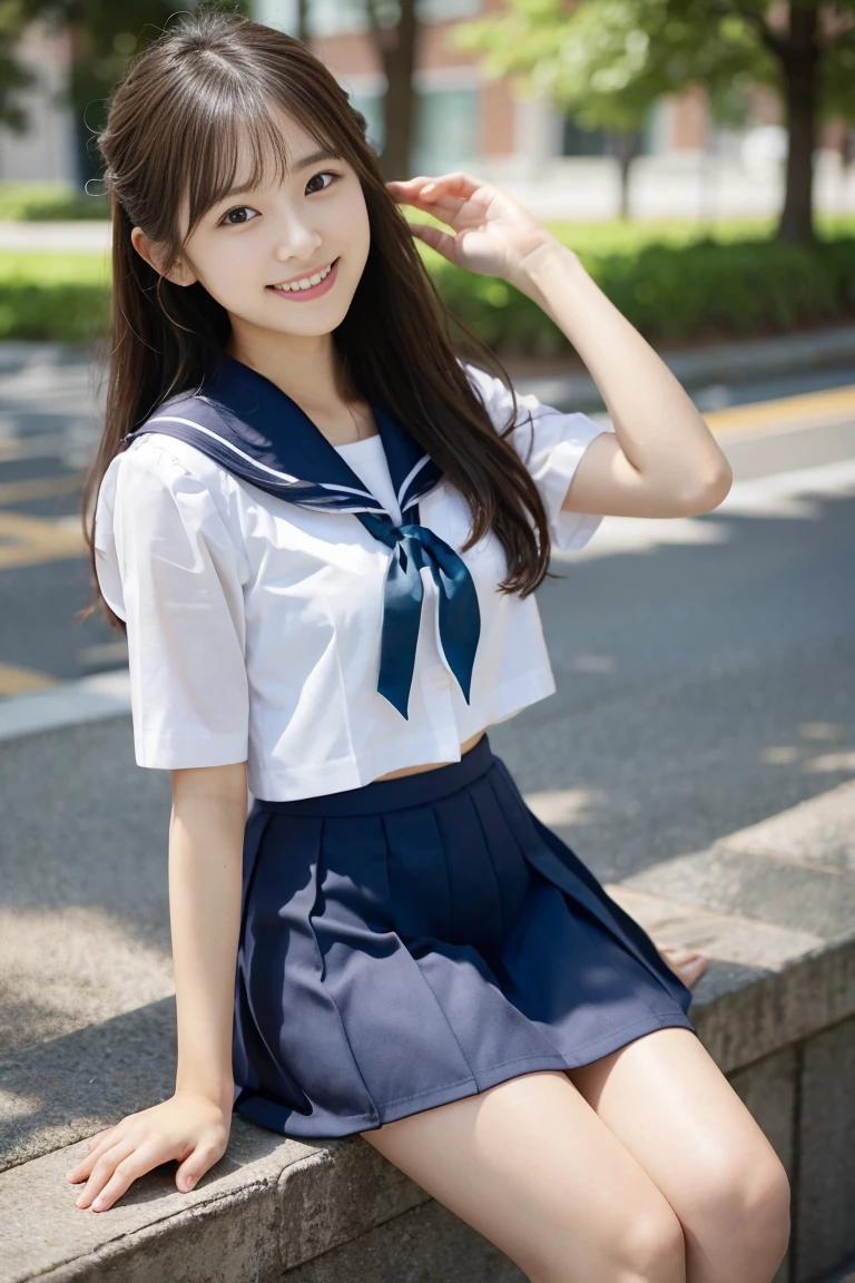 (8K, highest quality, masterpiece:1.2), (realistic, photo-realistic), super detailed, Japanese, high school , (smile:1.15),(closed mouth) , large breasts,beautiful eyes, sailor suit、uniform、tie、Miniskirt sitting train station bench (Long ponytail hair tied high behind the head, ), 