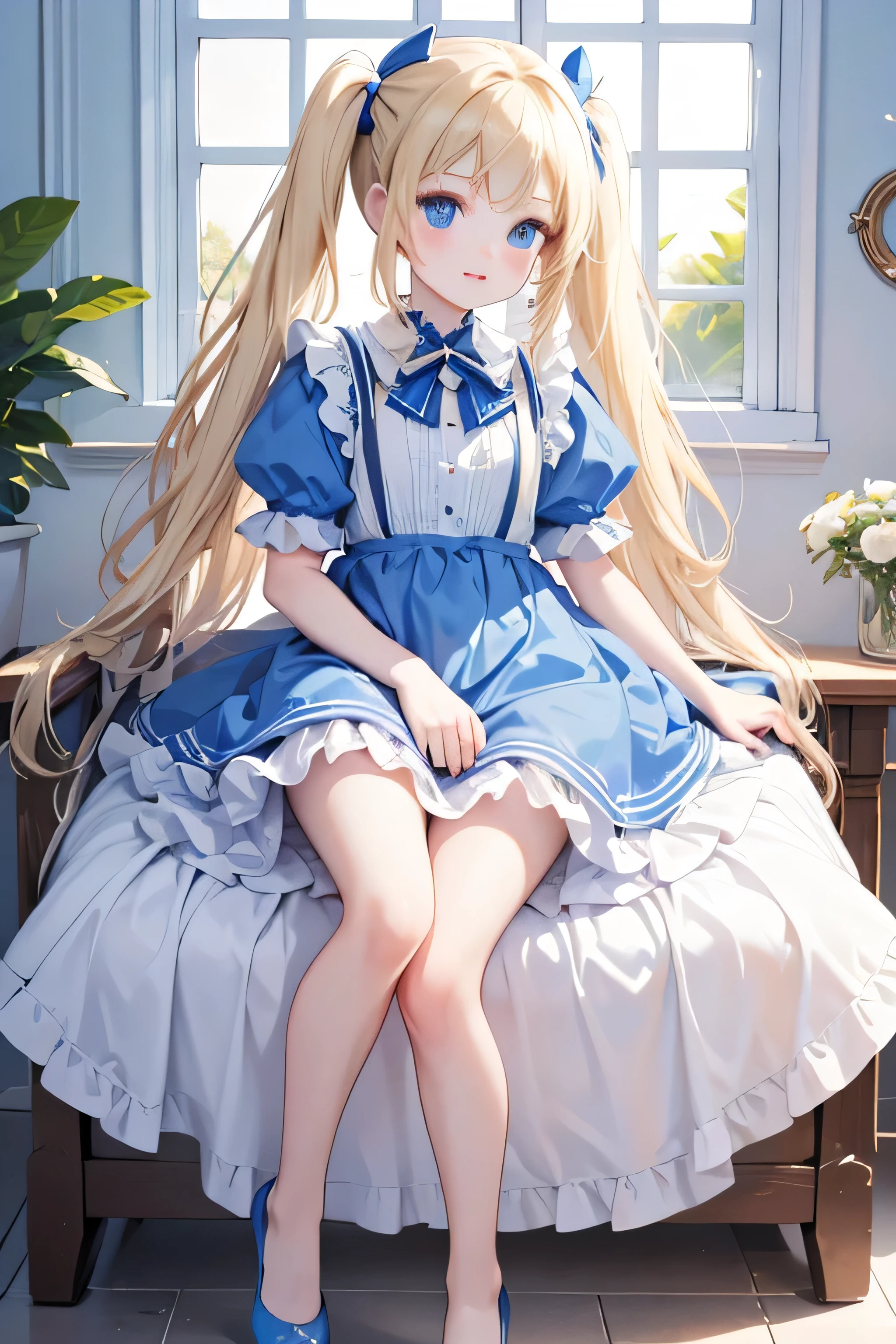 (8K,  highest quality , Tabletop:1.2)、 ultra high resolution ,  perfect fingers ,  detailed face, Blue eyes, blonde,  twin pigtails ,  blue dress,   inside the castle ,  full body