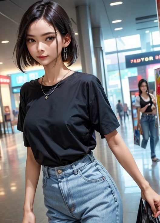 1 Girl,shopping mall,Soft Light,Chinese Beauty,Short sleeve,Short skirt,Dark-haired