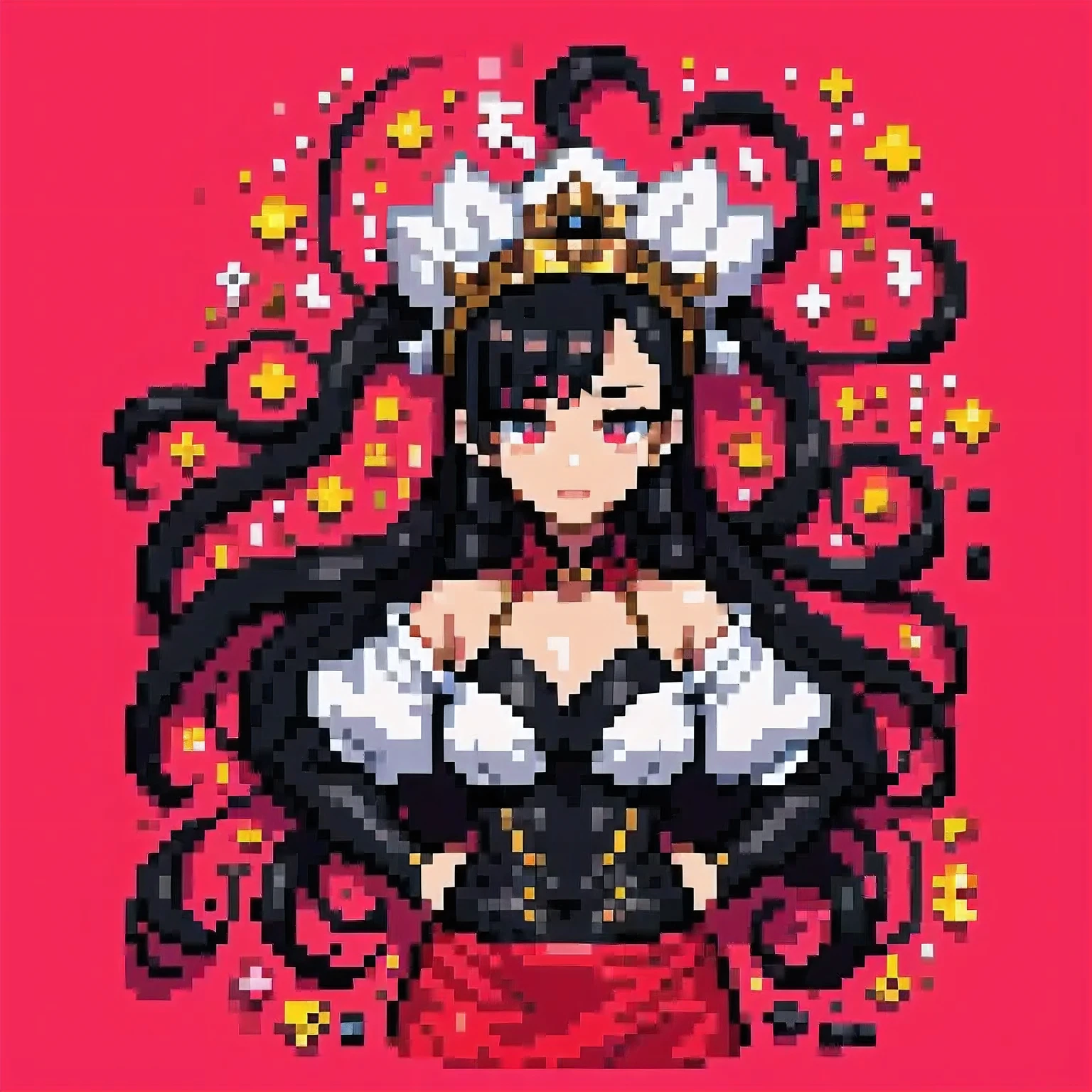 (8-bit pixel art, status screen style) (solo:2, 18 yo), (immensely beautiful sadist girl)(hime cut;1.6, beautiful black hair long hair) (beautiful smile) (glossy lip, grin mouth) (big tits), in a detailed master princess red dress, break, background white, BREAK, perfect anatomy, masterpiece, best quality, beautiful detailed 8-bit pixel, daydreaming expression.