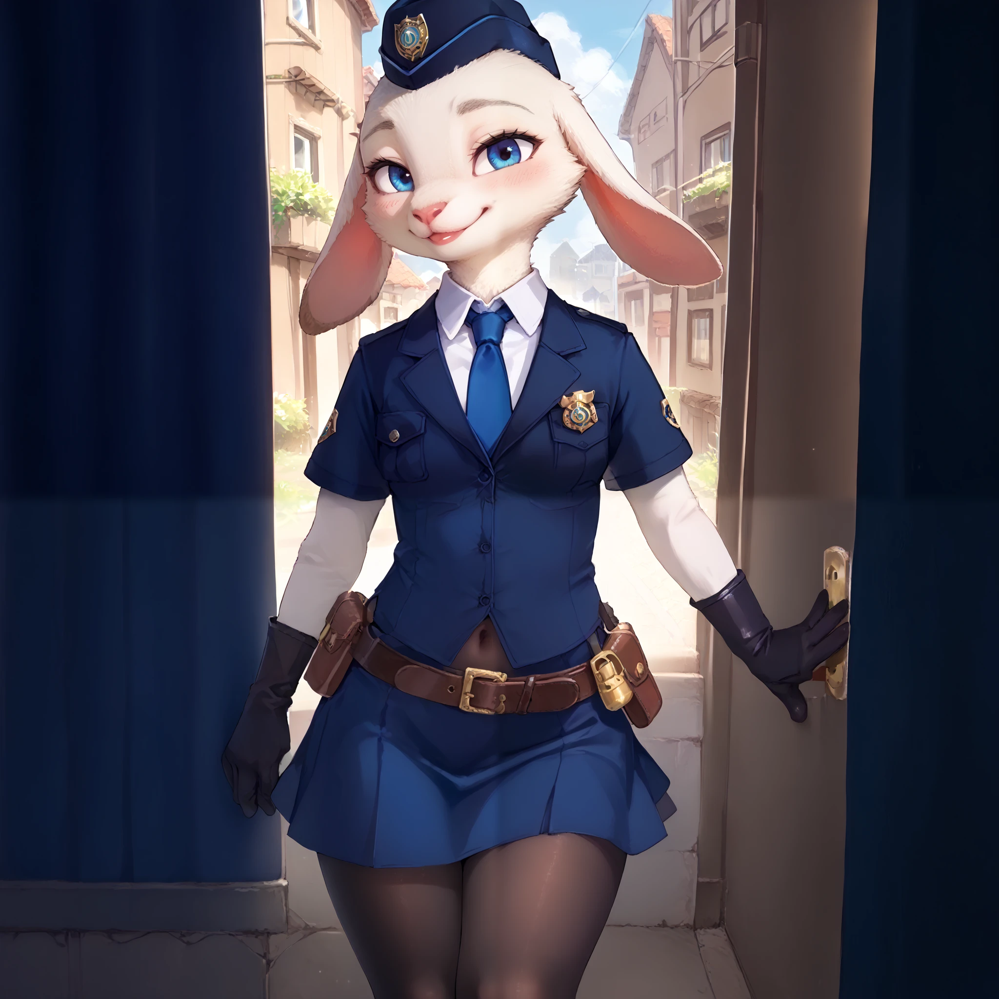 score_9, score_8_up, score_7_up, source_anime BREAK 1girl, anthro furry, solo, garrison cap, blue ribbon, blue necktie, collared shirt, white shirt, sleeveless, breast pocket, detached sleeves, capelet, blue skirt, black gloves, pantyhose, smile, looking at viewer, parted lips, covered navel, belt pouch