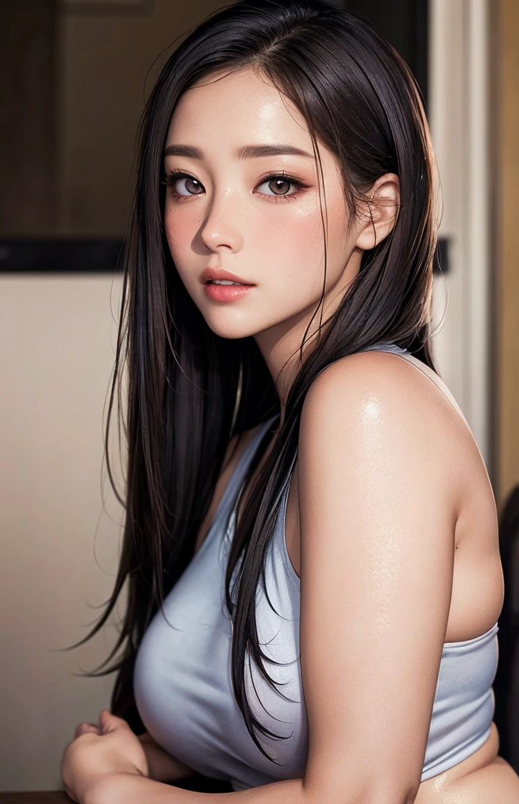 ((Girl lying on bed with head up)),(A hyper-realistic)、(illustratio)、(hight resolution)、(8K)、(ighly detailed)、(ベストillustratioレーション)、(beautifully detailed eyes)、(top-quality)、(ultra-detailliert)、(​masterpiece)、(wall-）、（A detailed face）、独奏、1 girl in、looking at viewert、fine detailed、A detailed face、in the darkness nigth、deep-shadows、lowkey、pureerosfaceace_、long、Black shawl straight hair、46-point diagonal bangs,female students、(White Blazer、emblem on breasts)、Translucent white blouse、red bowtie、(Miniskirts in bright colors,.PL(White lace panties are visible),8K, Best Quality, Ultra high definition, masutepiece, Realistic, Photorealistic, High contrast, Photon mapping, Real Image, Super Detail, low angles: 1.5, 1 girl, 独奏で: 1.5, Full body, Kepop Star, Kepop Idol, dress up like kpop, A sexy, Bare legged, high-heels, M Character Opening Leg、long legged: 1.2, Textured skin
