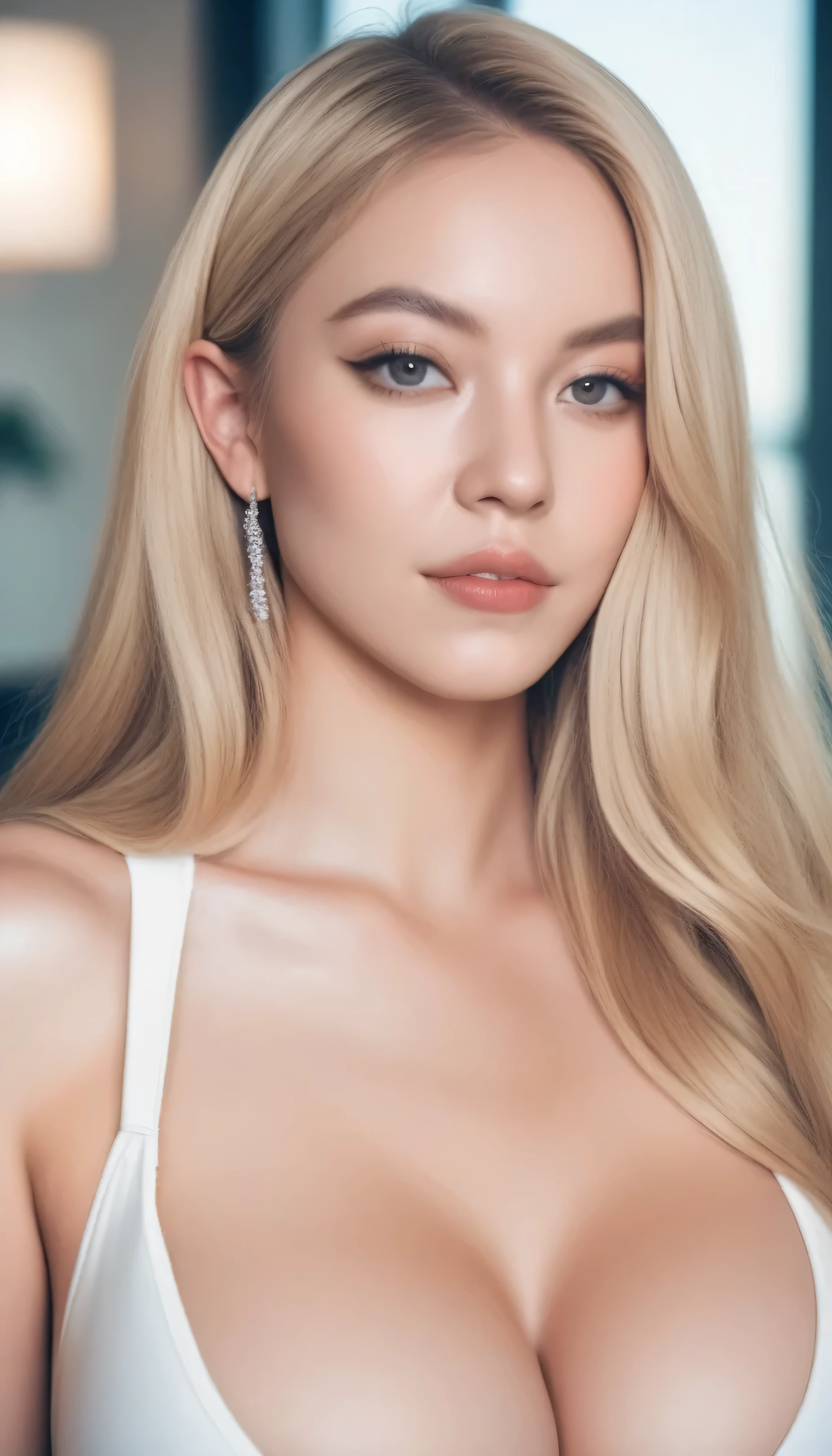 beautiful woman with huge breasts, long blonde hair, sexy body, slim waist, looking at viewer, seductive expression, photorealistic, half body portrait