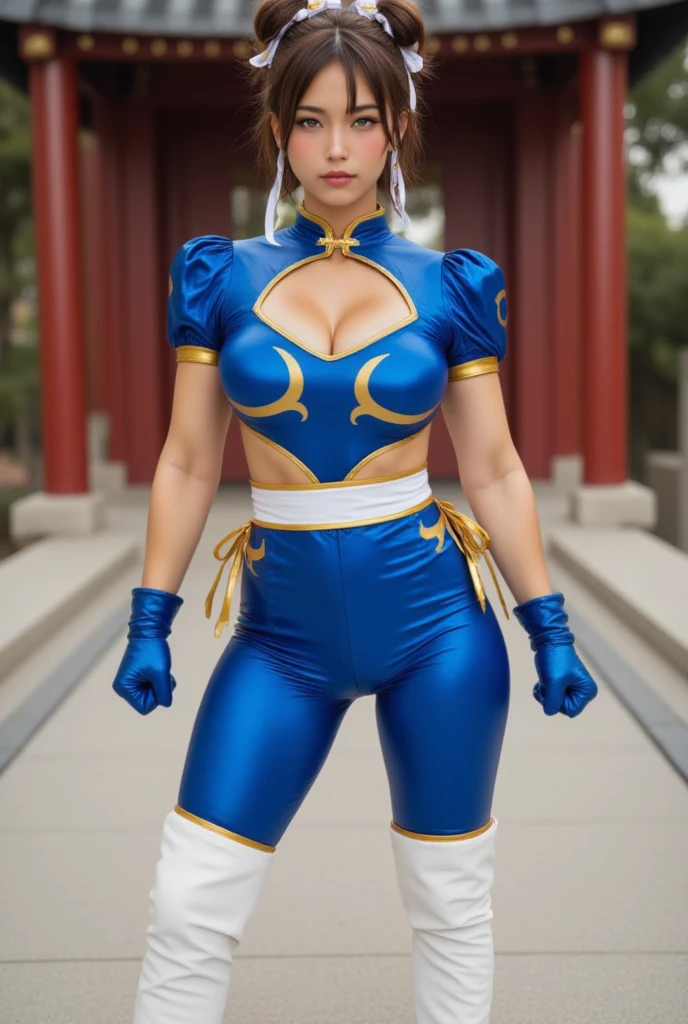(Masterpiece, Best quality:1.4), (standing:1.5),(Taylor Swift), Solo, Shunfa Spring, blue tanktop, unitard, Blue pants, tight turtleneck suit, yellow ribbon, Short hair, Sneakers, Bare shoulders, (chun li hairstyle), view the viewer, belo sorriso, Beautiful face, Highly detailed face, highly details eye, (wide hips),(big breasts),(athletic and fit body), full face blush, Detailed background, Depth of field, voluminetric lighting, Sharp focus, absurderes, Realistic proportions, (Realistic, Hyperrealistic:1.4), 16K HD