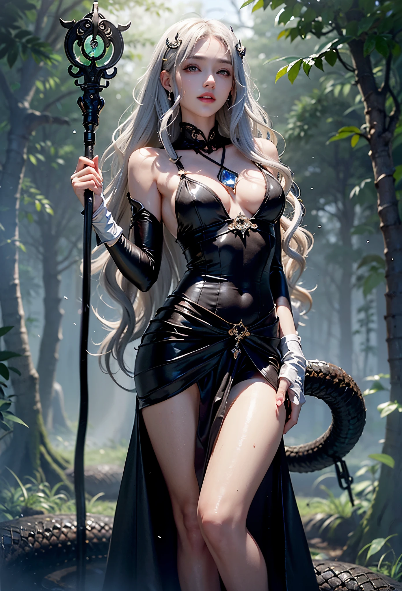 ((highest quality、masterpiece、8k、Realistic、超High resolution:1.3、Very delicate and beautiful、High resolution))、Cinema Lighting、medium range shooting、Portraiture、Perfect female body、Opposition、Looking at the audience、((Medusa from Another World、(Snake hair:1.6)、Green Eyes、Ruthless smile、Petrifying gaze、scaly skin))、Emerald decoration、Sharp Fangs、Eyes shining in the dark、Ancient curses、Mysterious Aura、Cave of Darkness、Statue of the Victim、Silver bracelet、Poison Claws、Black Robe、Night Forest、Cold wind、Dark Shadows、Sharp Claws、Gemstone Necklace、coiled snake、Wicked Charm、cause fear、Magical Power、Ancient mythology、Hidden Cave、Stone statue、A Legend、Otherworldly background、Eternal Curse、Golden Eyes。