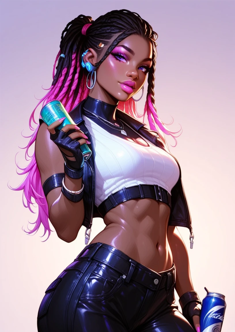 (perfect ???????), (sports body), (big breastes), (thick-thighs), (perfect arms), (tracksuit ), Pointed bracelets, looking a viewer, (Medium full-frame photography), (Background of the battle arena), (pink dreadlocks)