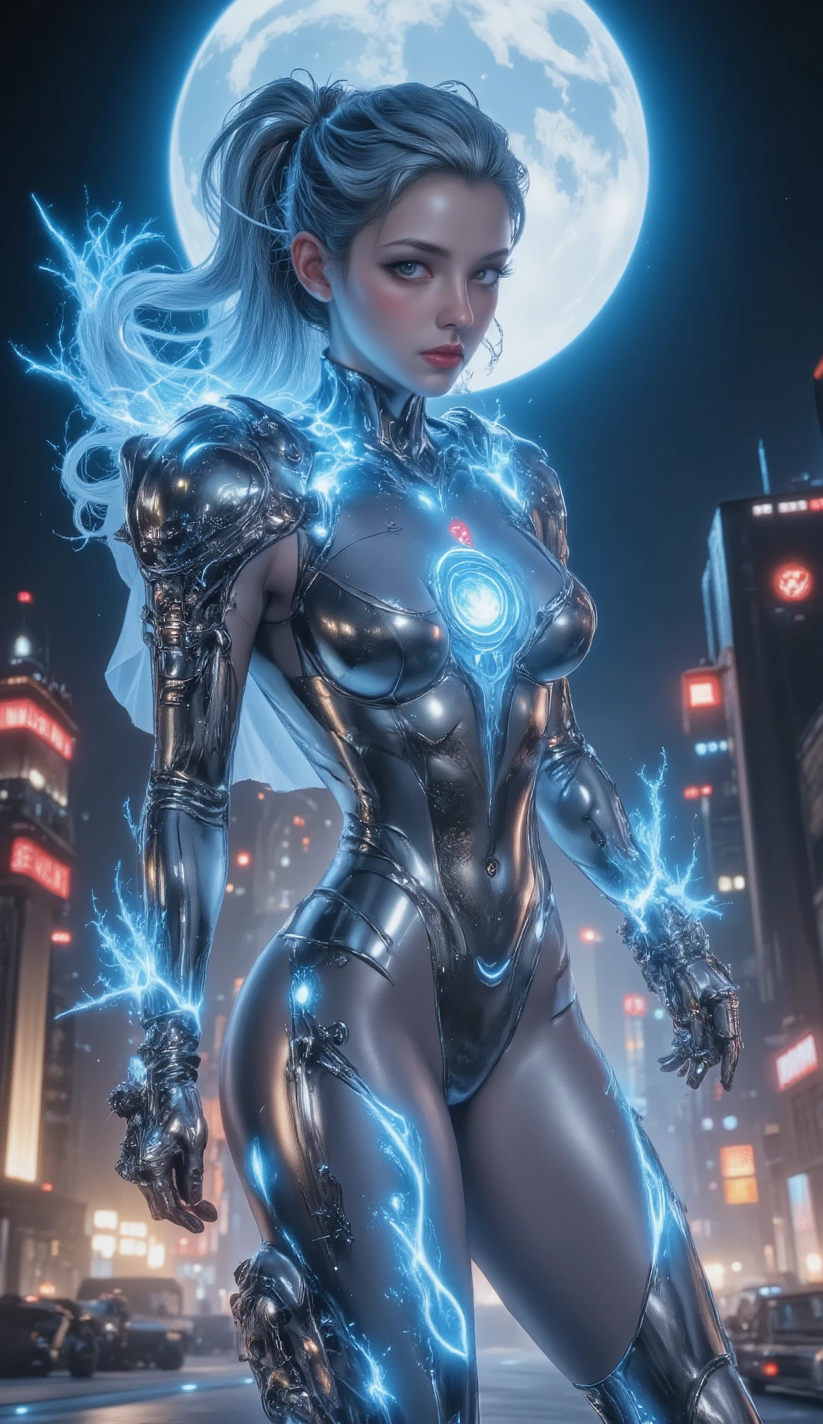 Cinderella stands as a bold and futuristic anime heroine in a shimmering cyberpunk warrior fusion suit. The suit is a stunning blend of metallic silver and sky blue, with glowing glass-like armor pieces on her shoulders, arms, and boots, evoking the feel of her iconic glass slippers. The chest plate has a subtle, futuristic clock motif glowing with neon light, symbolizing the midnight deadline. Her flowing hair, now styled in a high-tech ponytail with glowing strands of neon fiber optics, sparkles like stardust. Her weapons are dual futuristic pistols, intricately engraved with swirling patterns resembling vines and a pumpkin silhouette—a nod to her carriage. She wears a transparent, energy-based cape that shimmers like glass, with a faint slipper-like shape woven into its design. The background shows a towering cyberpunk cityscape with holographic clock towers and neon lights casting a soft glow. Above her, the moon shines brightly, and shattered pieces of glowing glass slippers scatter like magical sparks around her feet, marking her transformation into a warrior of grace and determination.