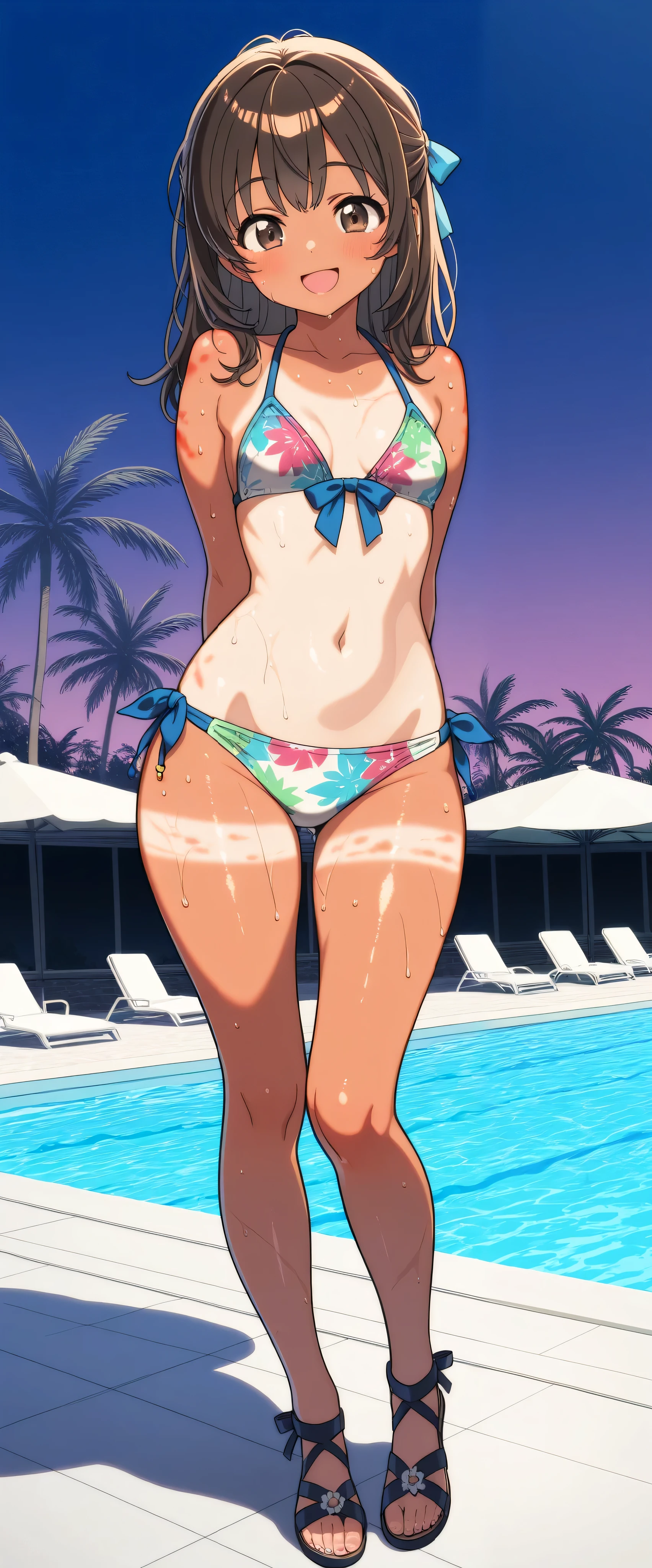 (Masterpiece), top quality, , Perfect face, 1 girl,dawn,, small breasts, wide hips, thin waist, (), Multi Colored Bikinis , sexy bikini , With ribbon,Patterned Swimsuit , salon, Heeled Sandals, good_feet, blanking,smile,Swimsuit model, standing, feetを開いて, wet, wet body, was excited,I'm posing for the camera, beach resort , pool party , poolside, coming out of the pool , palm trees, cowboy shooting, sunburn marks