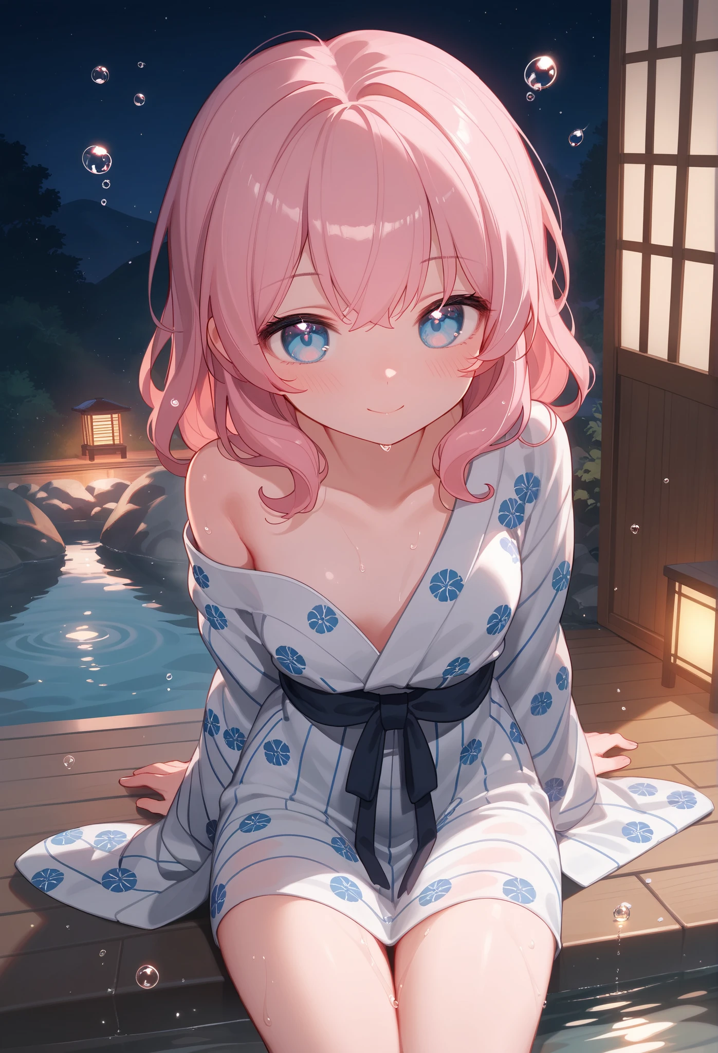 (masterpiece), best quality, highres, ultra-detailed, pastel colors, Girl with long semi-wavy pink hair, tender and bright light blue eyes, Small breasts, adorable blush, adorable face, Tender and adorable body,
wet_yukata_slipping_off_shoulders:1.3, visible_thighs), (damp_hair, water_droplets_on_skin), (curvy, wide_hips, thick_thighs), full_face_blush
, seiza_on_futon, leaning_forward, direct_gaze_with_tender_smile, yukata_tied_loosely_at_waist, arms_behind_head
, (from_above_and_front:1.2), pov_as_if_sitting_opposite, sexually_suggestive, faint_steam_rising, glow_of_paper_lanterns, scent_of_hot_spring_water
, indoors, traditional_japanese_room,