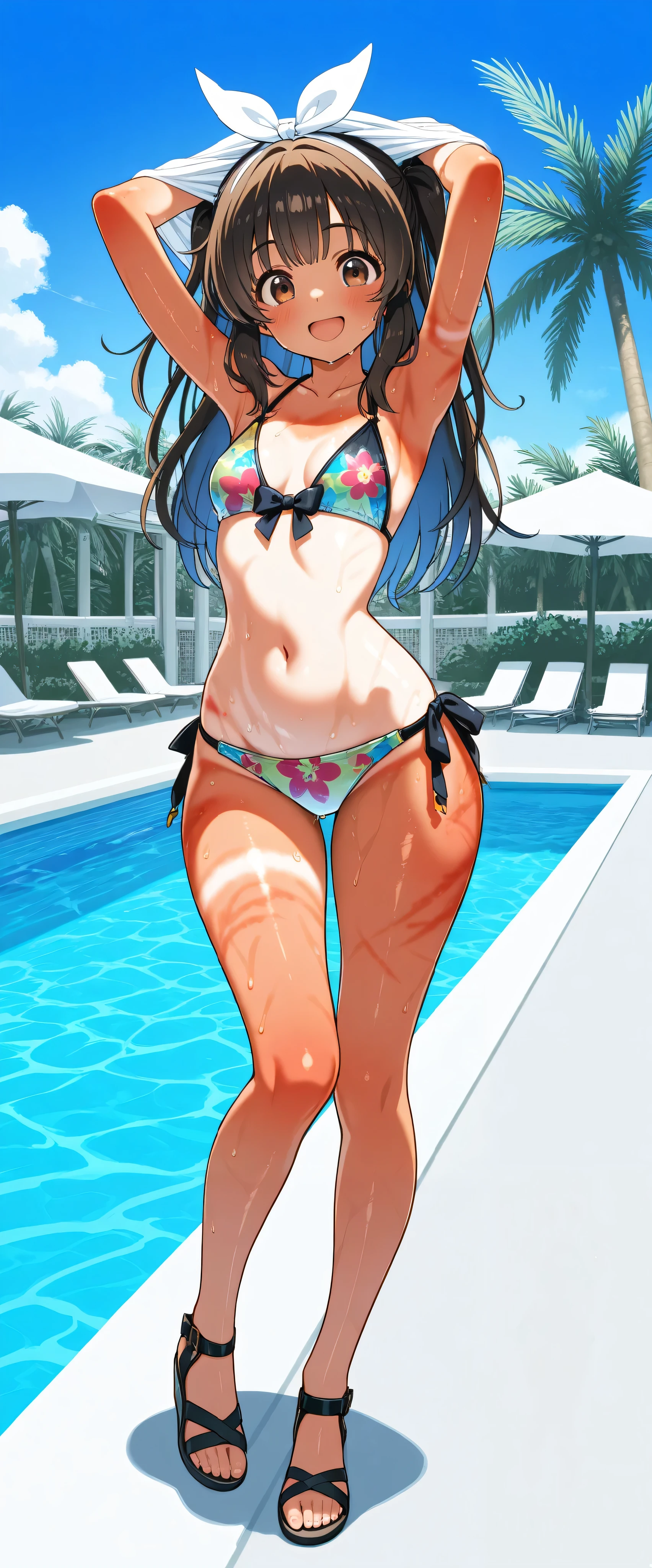(Masterpiece), top quality, , Perfect face, 1 girl,dawn,, small breasts, wide hips, thin waist, (), Multi Colored Bikinis , sexy bikini , With ribbon,Patterned Swimsuit , salon, Heeled Sandals, good_feet, blanking,smile,Swimsuit model, standing, feetを開いて, wet, wet body, was excited,I'm posing for the camera, beach resort , pool party , poolside, coming out of the pool , palm trees, cowboy shooting, sunburn marks