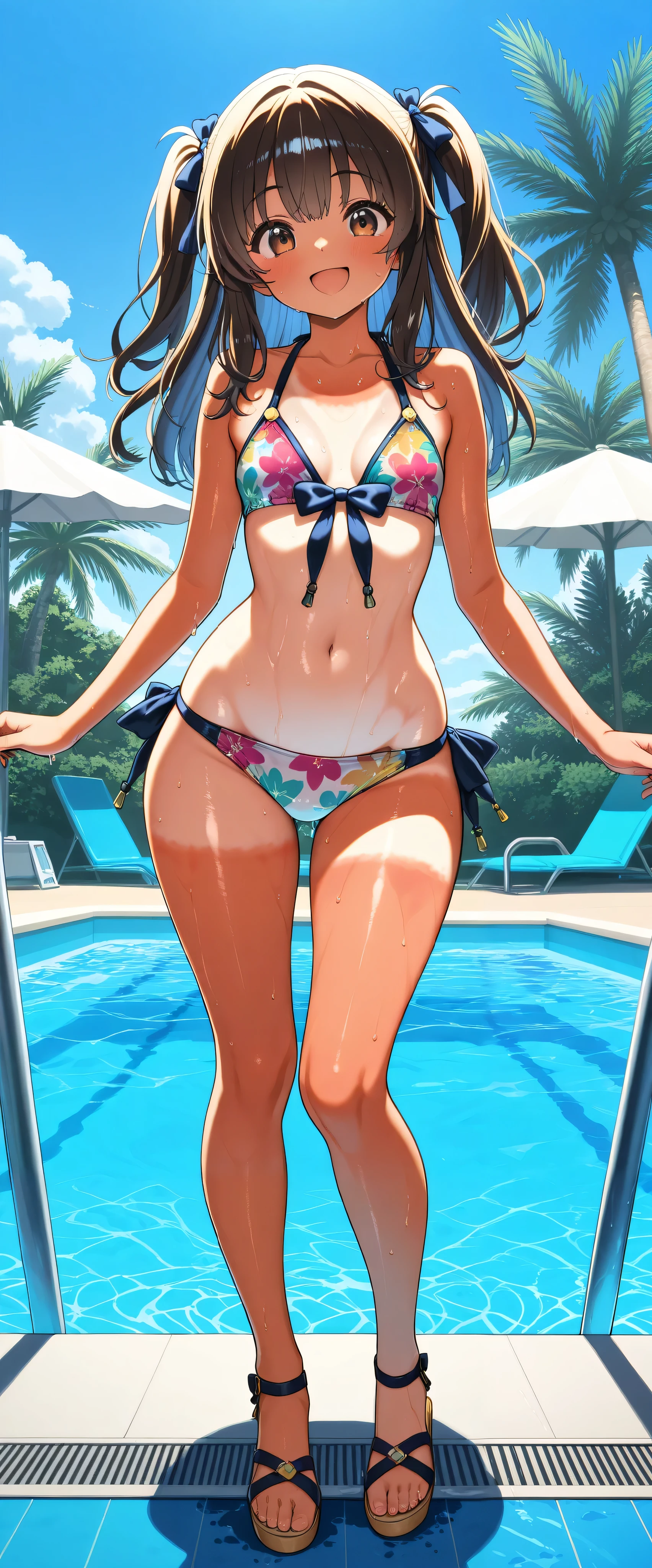 (Masterpiece), top quality, , Perfect face, 1 girl,dawn,, small breasts, wide hips, thin waist, (), Multi Colored Bikinis , sexy bikini , With ribbon,Patterned Swimsuit , salon, Heeled Sandals, good_feet, blanking,smile,Swimsuit model, standing, feetを開いて, wet, wet body, was excited,I'm posing for the camera, beach resort , pool party , poolside, coming out of the pool , palm trees, cowboy shooting, sunburn marks