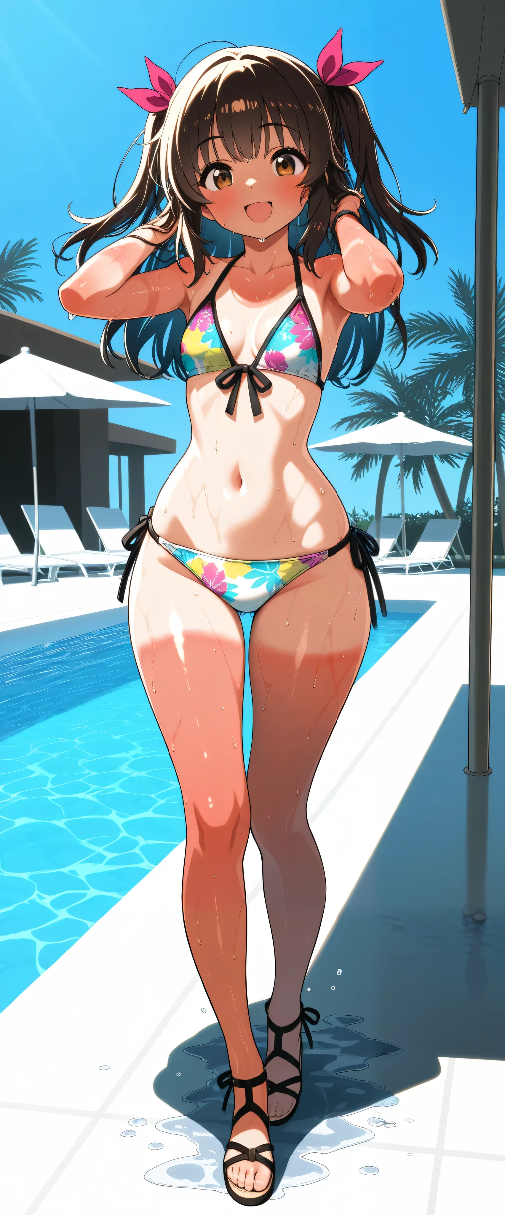 (Masterpiece), top quality, , Perfect face, 1 girl,dawn,, small breasts, wide hips, thin waist, (), Multi Colored Bikinis , sexy bikini , With ribbon,Patterned Swimsuit , salon, Heeled Sandals, good_feet, blanking,smile,Swimsuit model, standing, feetを開いて, wet, wet body, was excited,I'm posing for the camera, beach resort , pool party , poolside, coming out of the pool , palm trees, cowboy shooting, sunburn marks