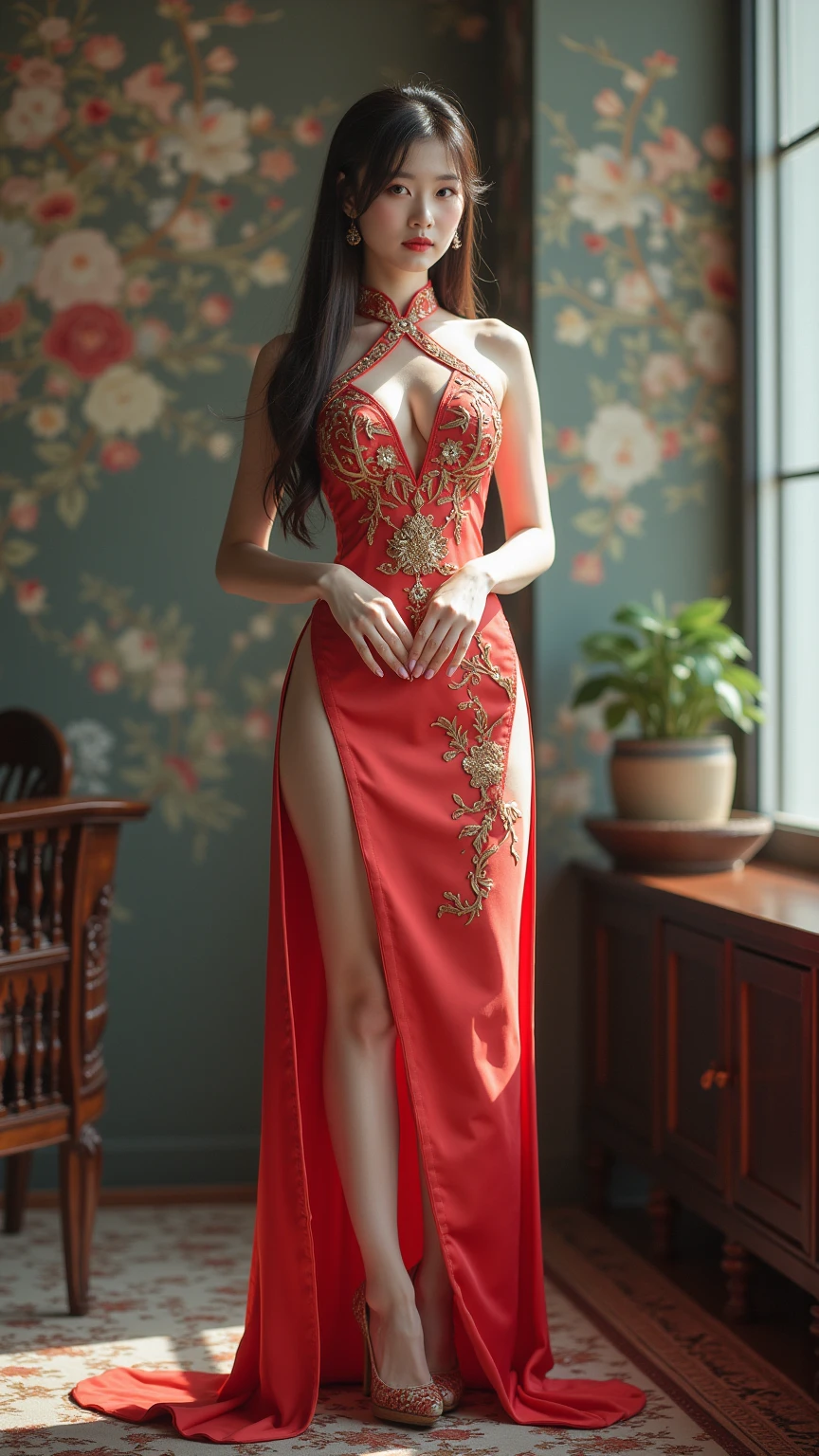 Highly detailed CG Unity 8K wallpapers, Highest quality, Tabletop, Realistic, Like the picture, Highly detailed beautiful woman, 22 years old,((Semi-long hair))、(((Large Breasts)))、sexy，glamorous，Round eyes,  (((The shape of the nipple is visible from the top of the clothes)))、Realistic female hands、Audience,  smile, ((Tall beautiful woman))、Lips parted, Full body shot , (((A long red Chinese dress with gold embroidery worn directly on the skin(Ultra-thin fabric))，Obscene costumes，Full body portrait，Muchimuchi、