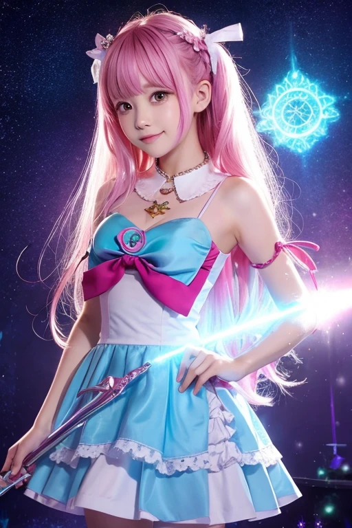 One girl、A pink-haired star mage named Maria Chiquinha、(expansion:1.3)、(Space comets:1.5)、Looking up at the night sky with deep concentration、Long flowing robes、An intricately designed star emblem、Cane in hand、A magical aura of starlight surrounds her.、highest quality、masterpiece、Sparkling Space Comets、swirling galaxy、Bright constellations、High resolution vivid illustrations、 Realistic details、Long hair motion blur effect、HDR Effects、Very detailed features。