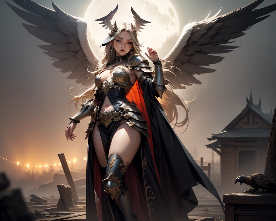 silver hair, very long hair, shiny hair, halo, demon horns, red eyes, long pointy ears, evil smile, big breasts, Red Full Moon in the background, angel wings, Surrealism, Hyperrealism, anime style, UHD, masterpiece, textured skin, textured skin, best quality, 16k, full body standing
