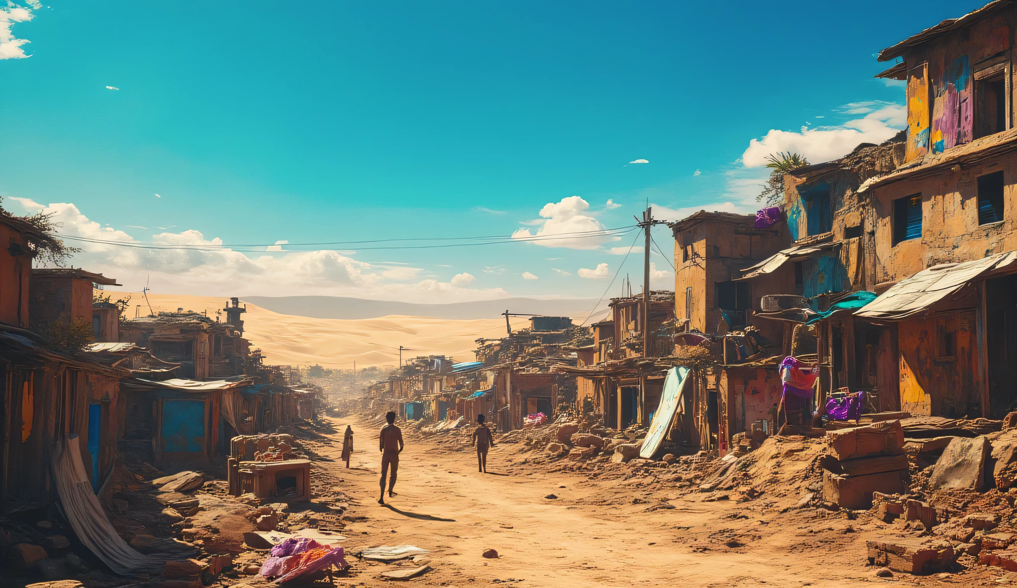 Indian slums. desert. blue sky.