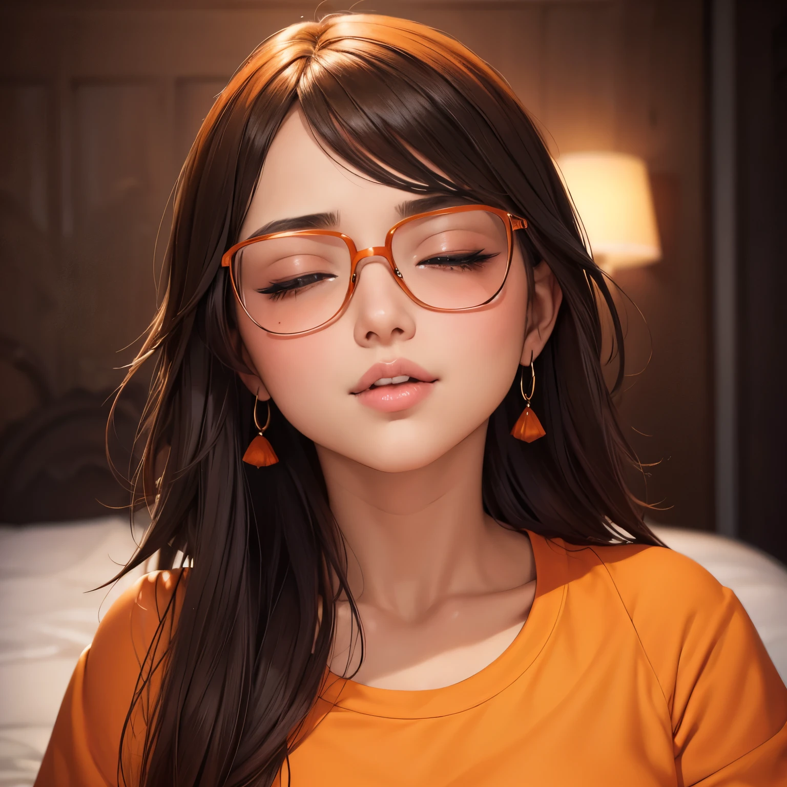 High Definition, calidad 8K, obra maestra, Velma, (1 chica, solo chica) Dream Girl, sexy, pechos enormes, pezones erectos, Hermoso rostro, besar los labios, peinado recto bob corto, flequillo largo, maquillaje perfecto, cara realista, ojos detallados, Ojos verde jade, By the chestnut, eyelashes, dormitorio, acostada en la cama, ojos al espectador, ((orange sweater)), abrigo de cuello alto, gafas con lentes transparentes, ((falda roja)), falda de colegiala NSFW, Morder el labio, sonrisa, bragas blancas, cuerpo completo, sexy