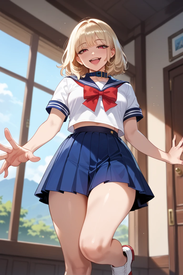 anime girl, haruhi_srf, blond hair, pixie cut hair, pointy ears, grin, drunk, masterpiece, best quality, standing, eye on watcher, portrait, hands on waist, diaper peek from skirt, bulk diaper, diaper tapes, two hands, diaperMess, white diaper