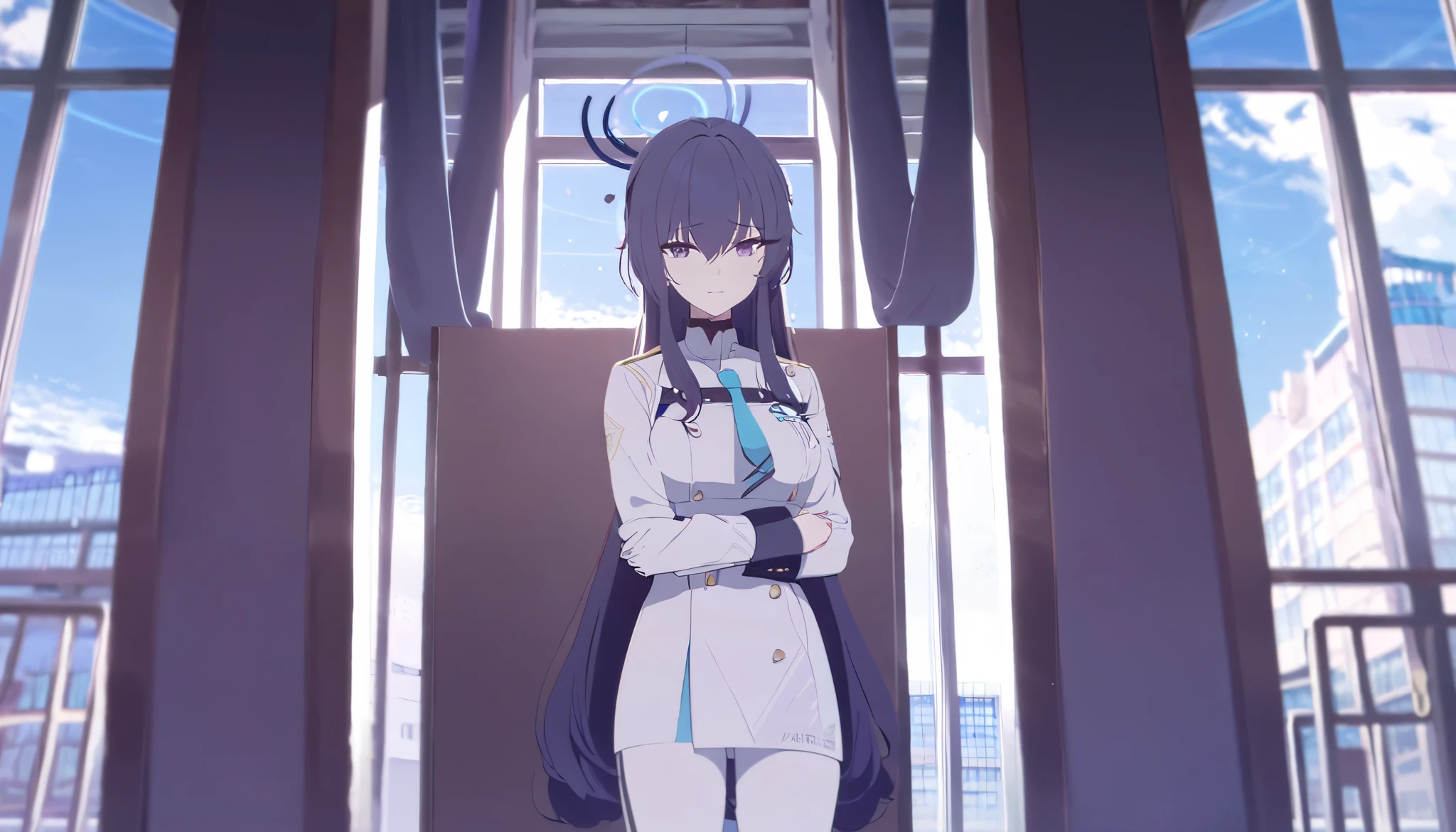 masterpiece, best quality, solo, 1girl, dark blue hair, long hair, dark lavender eye, medium breast, blue halo, white uniform, blue tie, standing, faint smile, humble, large hall with large glass windows and blue sky scenery