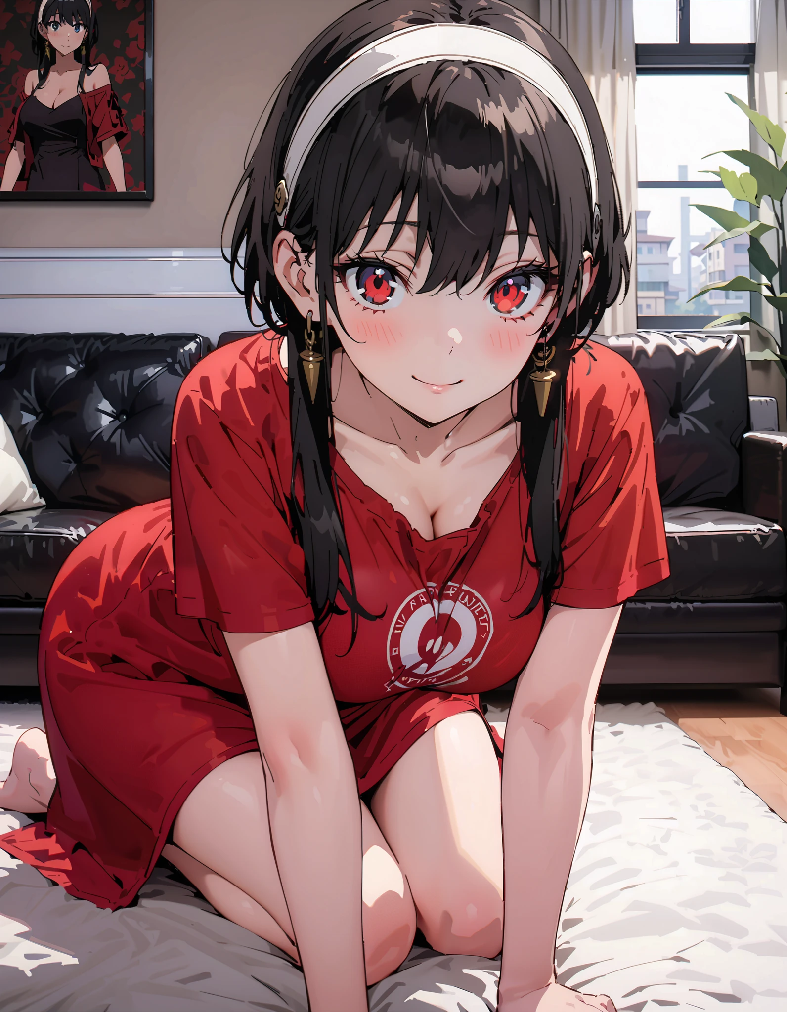 your briar, black hair, Red Eyes, earrings, white Hair Band , Hair Band , side lock ,smile,blush, legs , squint,red oversized shirt,Short sleeve,Black string underwear ,Big Breasts, cleavage,They are on all fours on the sofa, decor,Bare legs, barefoot,whole bodyがイラストに入るように, Alone,
break looking at viewer,whole body,
break indoors, living room ,
break ( Masterpiece:1.2), top quality , kampala,unity 8k wallpaper,(shape:0.8),( fine, beautiful eyes :1.6),It's a person ,whole body写真,CG Details , ( perfect hand, complete anatomy),