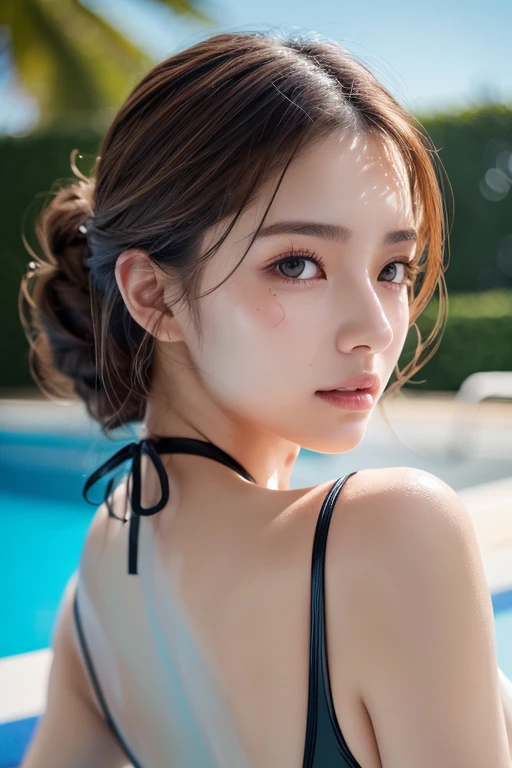 masterpiece:1.3), (8K, Realistic, RAW Photos, Best image quality: 1.4), Japanese schoolgirl、(Random Hairstyles:1.2)、Highly detailed face、Attention to detail、double eyelid、Chest to chest、Sharp focus:1.2、Beautiful woman:1.4、Light brown hair、Highest quality、masterpiece、Ultra-high resolution、(Realistic:1.4)、非常に詳細でプロフェッショナルに照らされたlol顔、Loose、thin、lol、Short-haired、Deadly position、Swimwear、