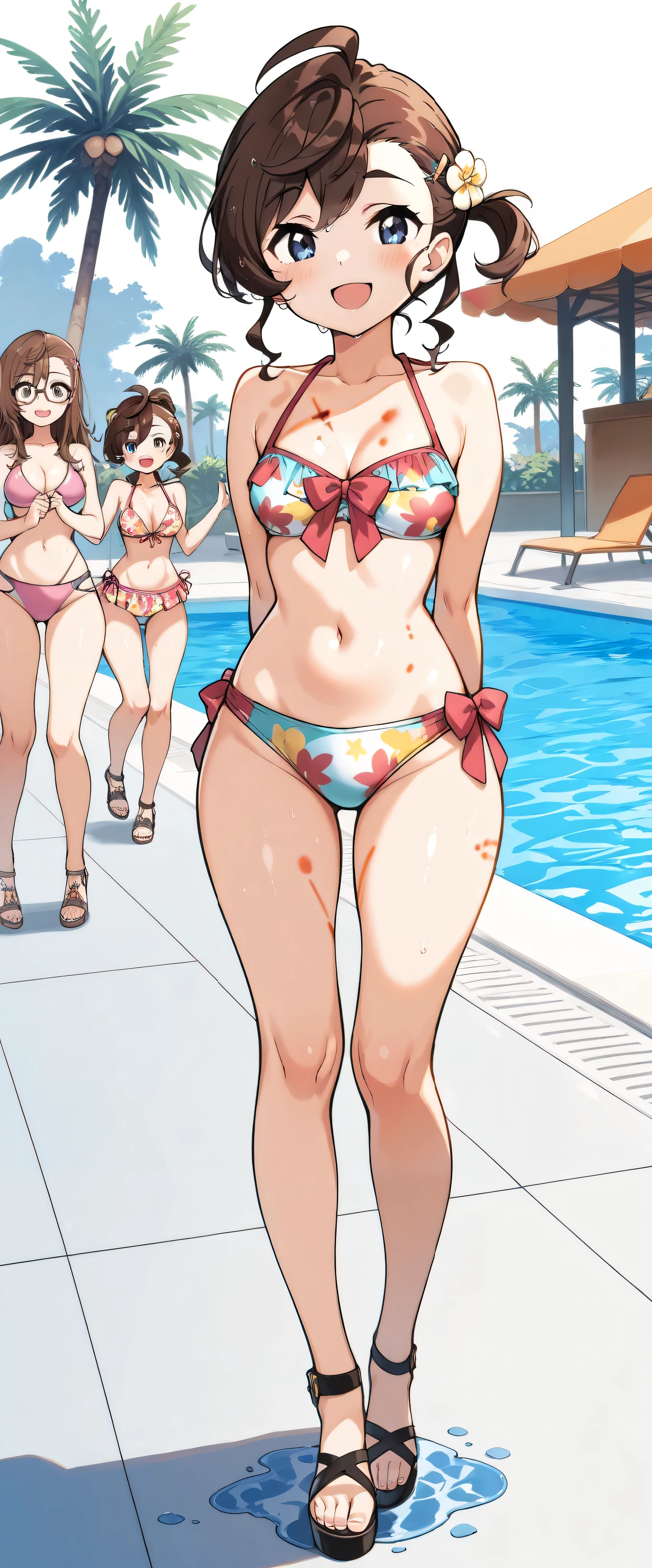 (Masterpiece), top quality, , Perfect face, 1 girl,dawn,,, wide hips, thin waist, (), Multi Colored Bikinis , sexy bikini , With ribbon,Patterned Swimsuit , salon, Heeled Sandals, good_feet, blanking,smile,Swimsuit model, standing, feetを開いて, wet, wet body, was excited,I'm posing for the camera, beach resort , pool party , poolside, coming out of the pool , palm trees, cowboy shooting, sunburn marks,Inuyama Mana