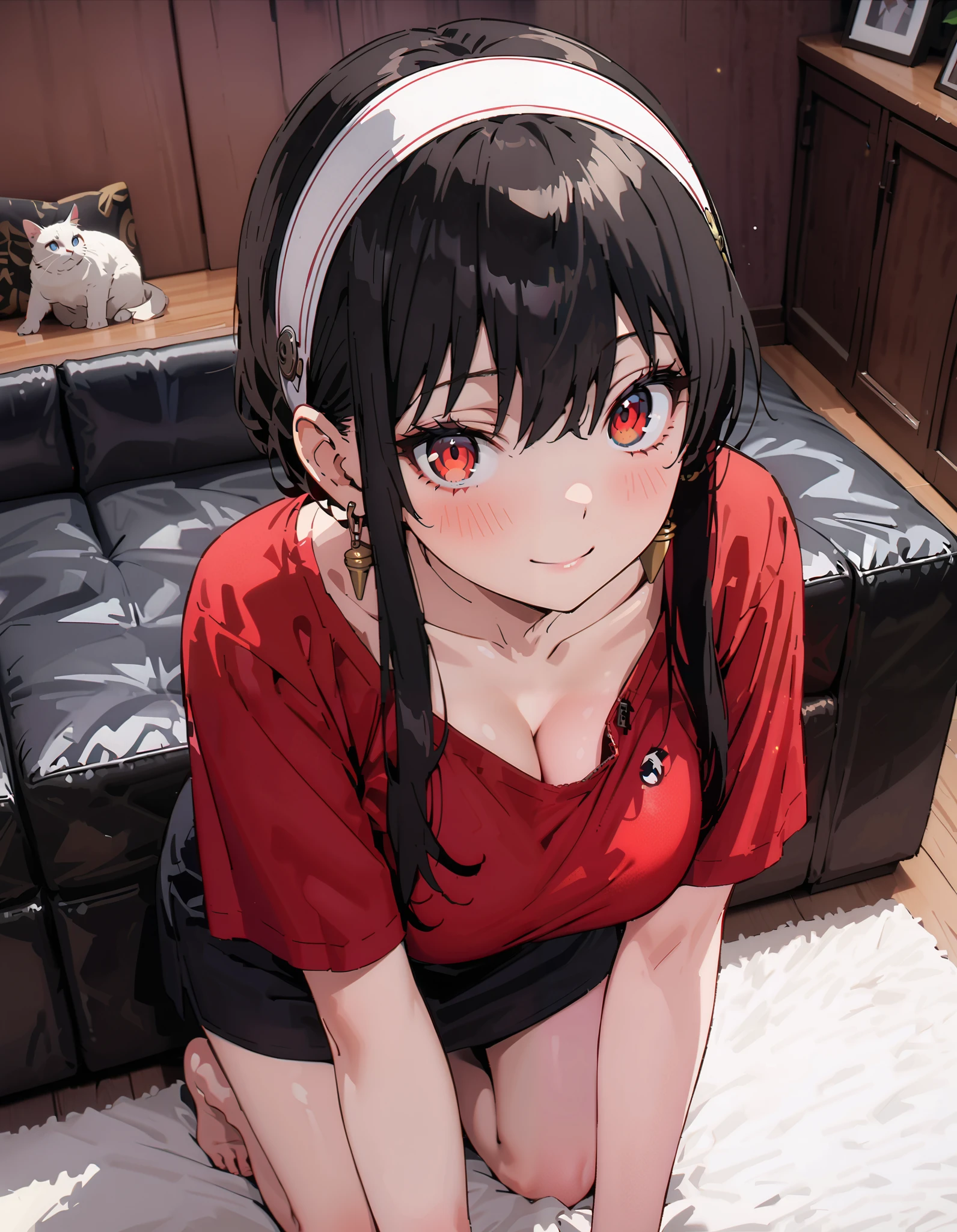 your briar, black hair, Red Eyes, earrings, white Hair Band , Hair Band , side lock ,smile,blush, legs , squint,red oversized shirt,Short sleeve,Black string underwear ,Big Breasts, cleavage,They are on all fours on the sofa, decor,Bare legs, barefoot,whole bodyがイラストに入るように, Alone,
break looking at viewer,whole body,
break indoors, living room ,
break ( Masterpiece:1.2), top quality , kampala,unity 8k wallpaper,(shape:0.8),( fine, beautiful eyes :1.6),It's a person ,whole body写真,CG Details , ( perfect hand, complete anatomy),