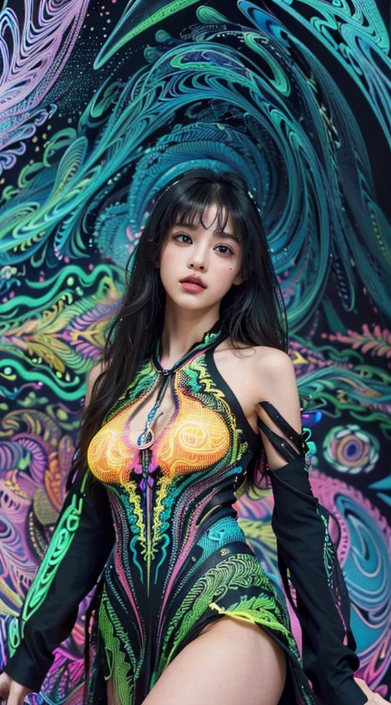 (masterpiece, Highest quality, Highest quality, Official Art, beautifully、beautiful:1.2), (One Girl:1.3), Very detailed,(Fractal Art:1.2),colorful,Most detailed,(Tangled:1.2), (Dynamic pose), (Abstract background:1.5), (Traditional attire:1.2), (Glowing Skin), (Many colors:1.4), Upper Body,Big Breasts,Sexy look