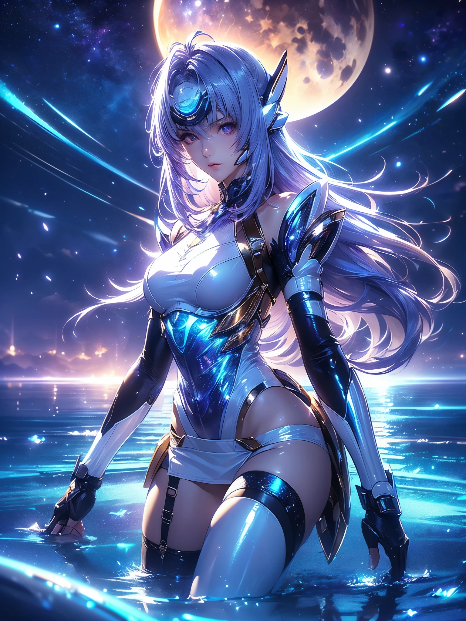 Full body KOS-MOS , score_9, score_8_Excellent, score_7_Excellent, 32K ,Detailed Depiction )(( highly detailed CG integration ), (( Super Real Highly Detailed Faces 、Bluish purple hair、 straight hair, SHINY AND CLEAN HAIR 、 White Shiny Skin 、 sexy cyberpunk girl 、 fiberglass 、Light emitting tube、 Extremely Complex Details 、 CGSoation Trends、(( golden eyes))、Neon Details、 Mechanical Hands 、 mechanical spine attached to the back、mechanical neck worn around the neck 、 head 、 Space Background Radiation 、 rat path section、white latex hi-leg leotard(( Valkyrie ))、(( standing+Combat Stance)),(( sexy model pose ))、(( Dramatic Graphic Backdrop :Starry Sky , Huge Moon、Dynamic ocean background))(( top quality)),( Ultra High Resolution),( Super Detail)