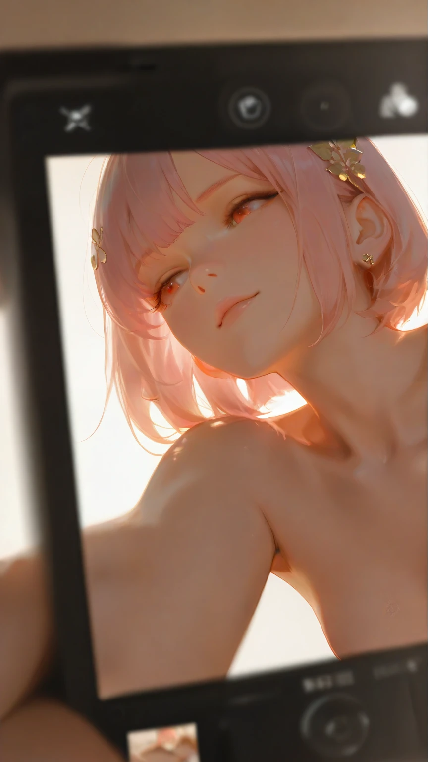 A beautiful young woman with pink hair in a bob cut, hair ornament, with red eyes, 8K raw photo, photorealistic, hyper realistic, high resolution, sepia_style, facing the camera, in a riding position, nude