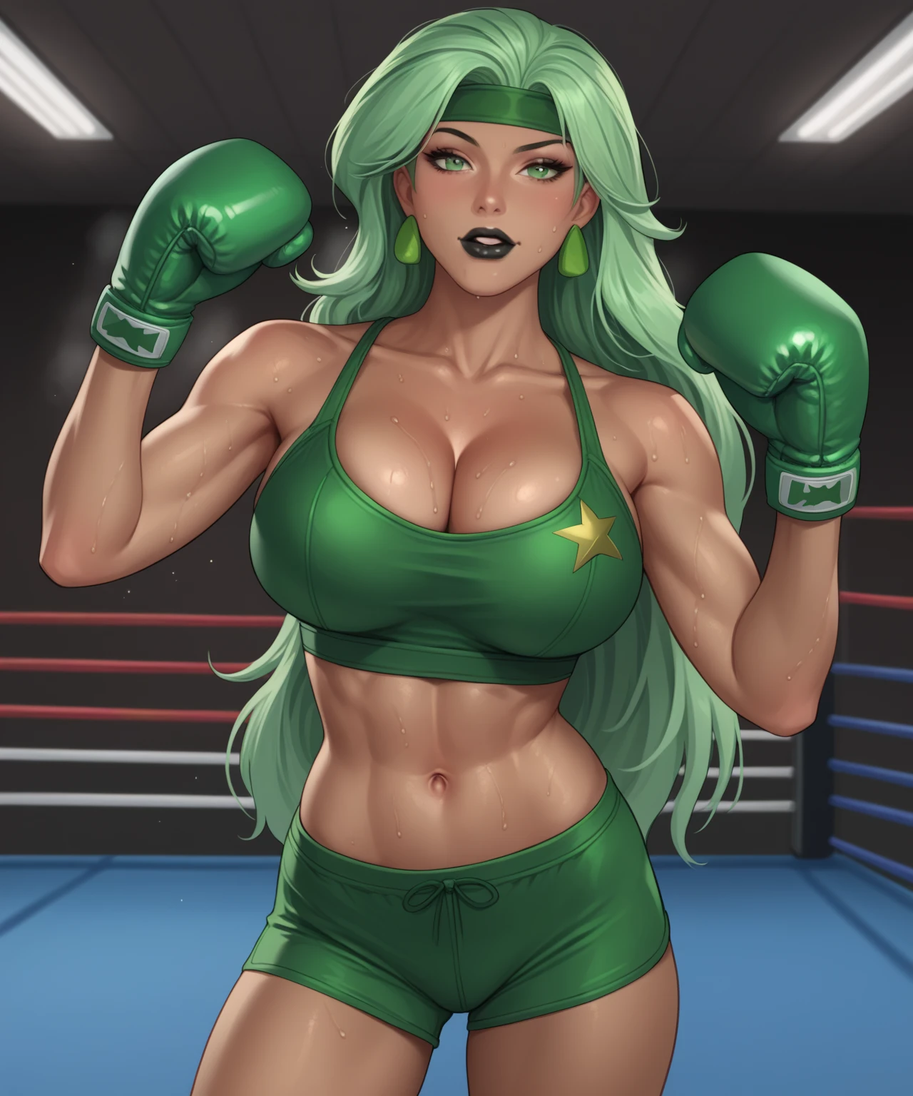 1 female fighting game character、Five-fingered、Big breasts about to burst、cleavage of the breast、One Woman Alafe、Green hair、thin and long legs,、Fitness Model、musculature、abdominals、、Blue and Red Metallic Martial Arts Suit、skin tanned、glistning skin、Cool smile、Pose ready to fight