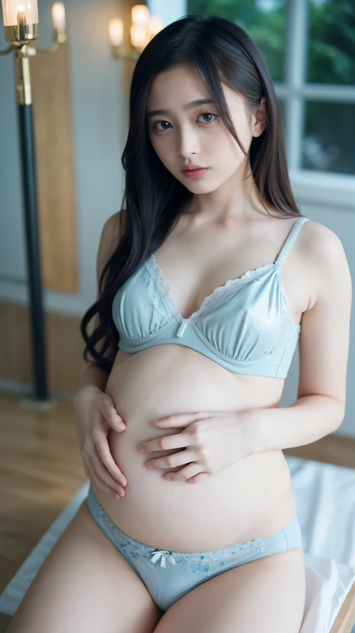 in the seat,(blue glittering underwear :1.2),( RAW Photo , Top Quality), ( exist, photo- exist:1.4), Masterpiece, very delicate and beautiful , extremely detailed, 2k wallpaper, wonderful, Details, extremely detailed CG unity 8k wallpaper, 超 Details, high resolution, Soft light, 美しい Detailsな女の子 , extremely detailed eyes and face, 美しい Detailsな鼻, 美しい Detailsな目, cinematic lighting , night view, perfect anatomy, slender body,( long hair with bangs ), big breasted with a cross eye, full body:1.4, , medium shoulder. pregnant、Pregnant women