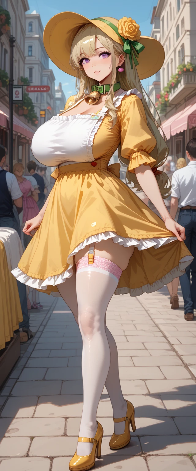 a3r1th, aerith multi view upper body, upskirt panties view, legs together, a3r1th, peeing, peeing herself, her own urine is trickling down her legs, perfect female figure, Aerith Gainsborough, holding small flower basket, peeing down her legs, green eyes, surrounded by other people, standing in very busy midgar city street, sunny, choker, cropped jacket, hair bow, bracelet, long pink dress, brown ankle boots, looking down nervously, shy, embarrassed, aroused, shocked, panicking, worried, outdoors, a small puddle of her own urine is forming around her feet on the dry ground, very desperate to pee, wetting herself, urination, legs crossed, rape face, full-face blush, high detail, Realism, Hyperrealism, three sided view, multiple views, perspective, ccurate, masterpiece, highres, UHD, anatomically correct, super detail, best quality, highres, 8k