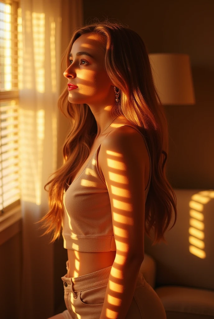 The scene is an intimate indoor setting bathed in warm, golden sunlight, suggesting late afternoon or early evening. The composition centers around a woman with long, wavy blonde hair, which cascades over her shoulders and gently catches the light, creating a soft glow. She is wearing a stylish, deep V-neck outfit that complements her figure, enhancing the elegance of the moment. Her posture is relaxed yet confident, suggesting a serene gracefulness as she gazes into the distance, capturing a reflective mood. The light filters through blinds, casting diagonal shadows across her figure and the surrounding space, adding texture and depth to the image. The background features soft, out-of-focus shapes that hint at a cozy, modern interior, potentially adorned with muted decor, creating an inviting atmosphere. The color palette consists primarily of warm golds and subtle browns, harmonizing to evoke feelings of comfort and tranquility. The lighting plays a critical role, with the warm glow enveloping the woman and creating gentle highlights and soft shadows that enhance the three-dimensionality of her form. This interplay of light and shadow draws the viewer's eye, leading to a focal point around her figure while establishing a sense of depth. Overall, the atmosphere is one of warmth and elegance, inviting the viewer to pause and appreciate the beauty of the moment.