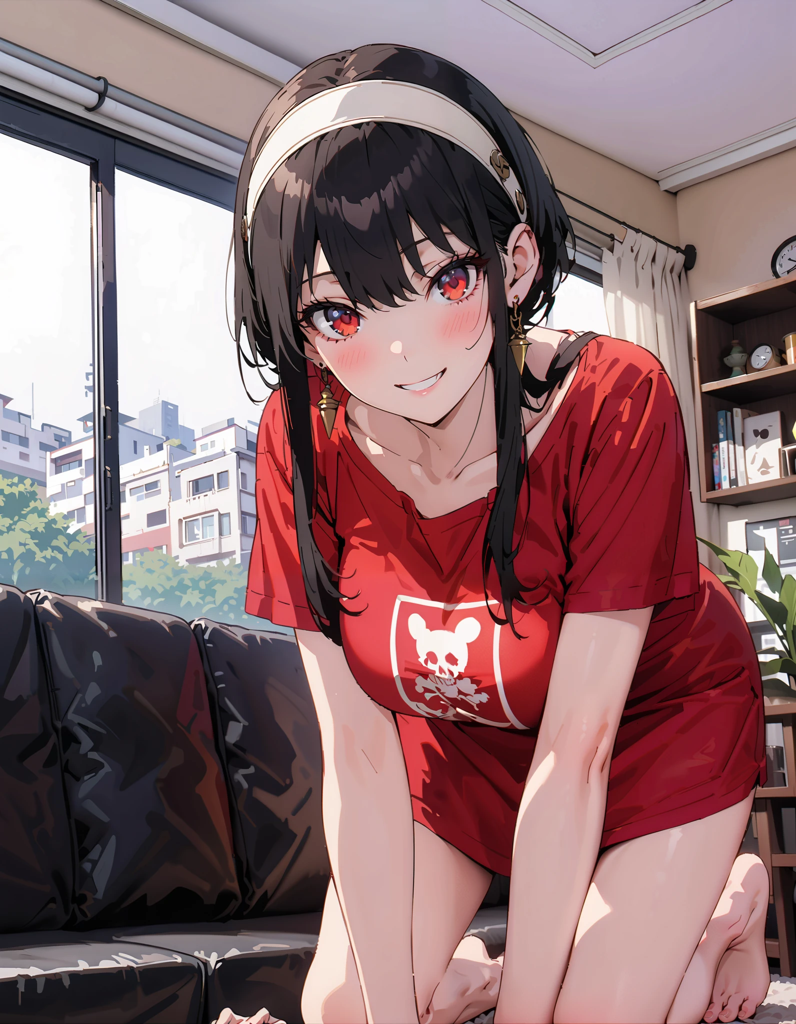 your briar, black hair, Red Eyes, earrings, white Hair Band , Hair Band , side lock ,smile,blush, legs , squint,red oversized shirt,Short sleeve,Black string underwear ,Big Breasts, cleavage,They are on all fours on the sofa, decor,Bare legs, barefoot,whole bodyがイラストに入るように, Alone,
break looking at viewer,whole body,
break indoors, living room ,
break ( Masterpiece:1.2), top quality , kampala,unity 8k wallpaper,(shape:0.8),( fine, beautiful eyes :1.6),It's a person ,whole body写真,CG Details , ( perfect hand, complete anatomy),